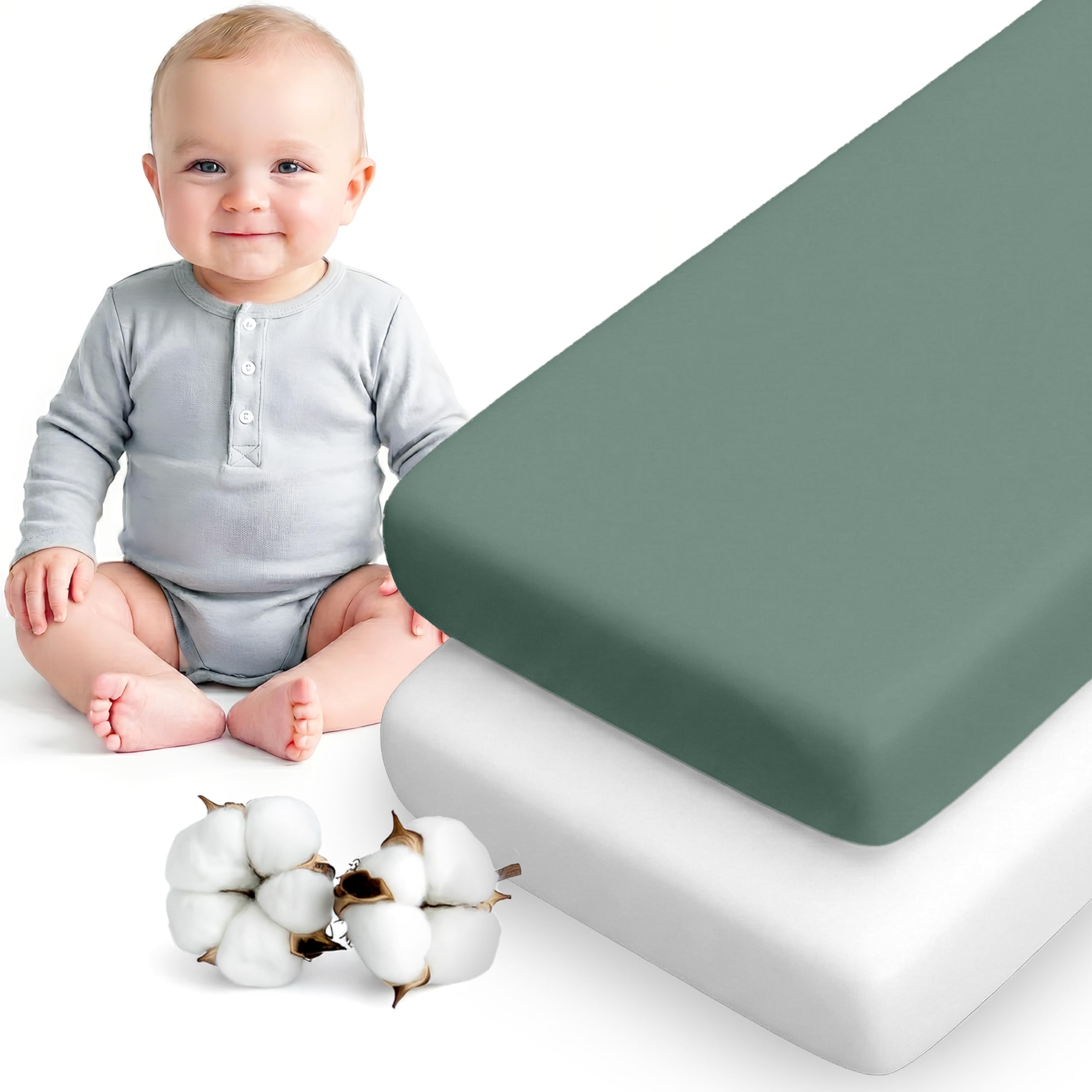 Dreamzie 2er Set Spannbettlaken 40x90 cm Beistellbett - Baumwolle Oeko-Tex - Bettlaken für Stubenwagen & Babybett klein - Salbei/Weiß