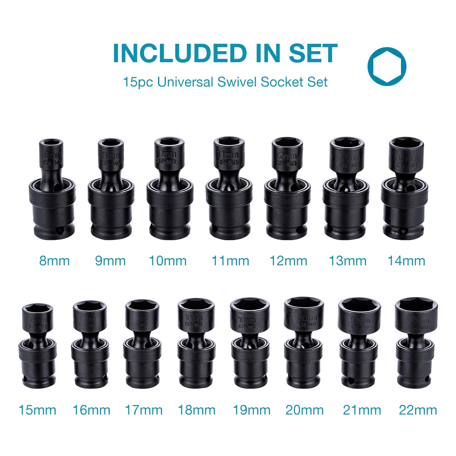 KATSU 3/8" Drive Impact Swivel Socket Set 15PCs Metric 8-22mm 6 Point Wobble Shallow Sockets, Chrome Moly Steel - Image 2