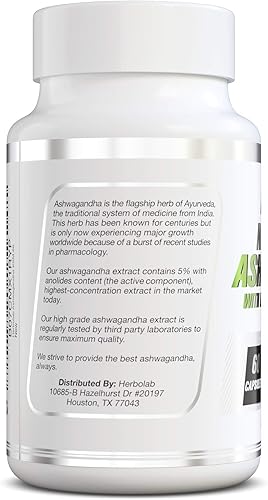 Miniatura 3 de herbolab Ashwagandha KSM 66 15:1 con extracto de pimienta negra (mayor absorción) Potencia máxima espectro completo 5+% Withanólidos