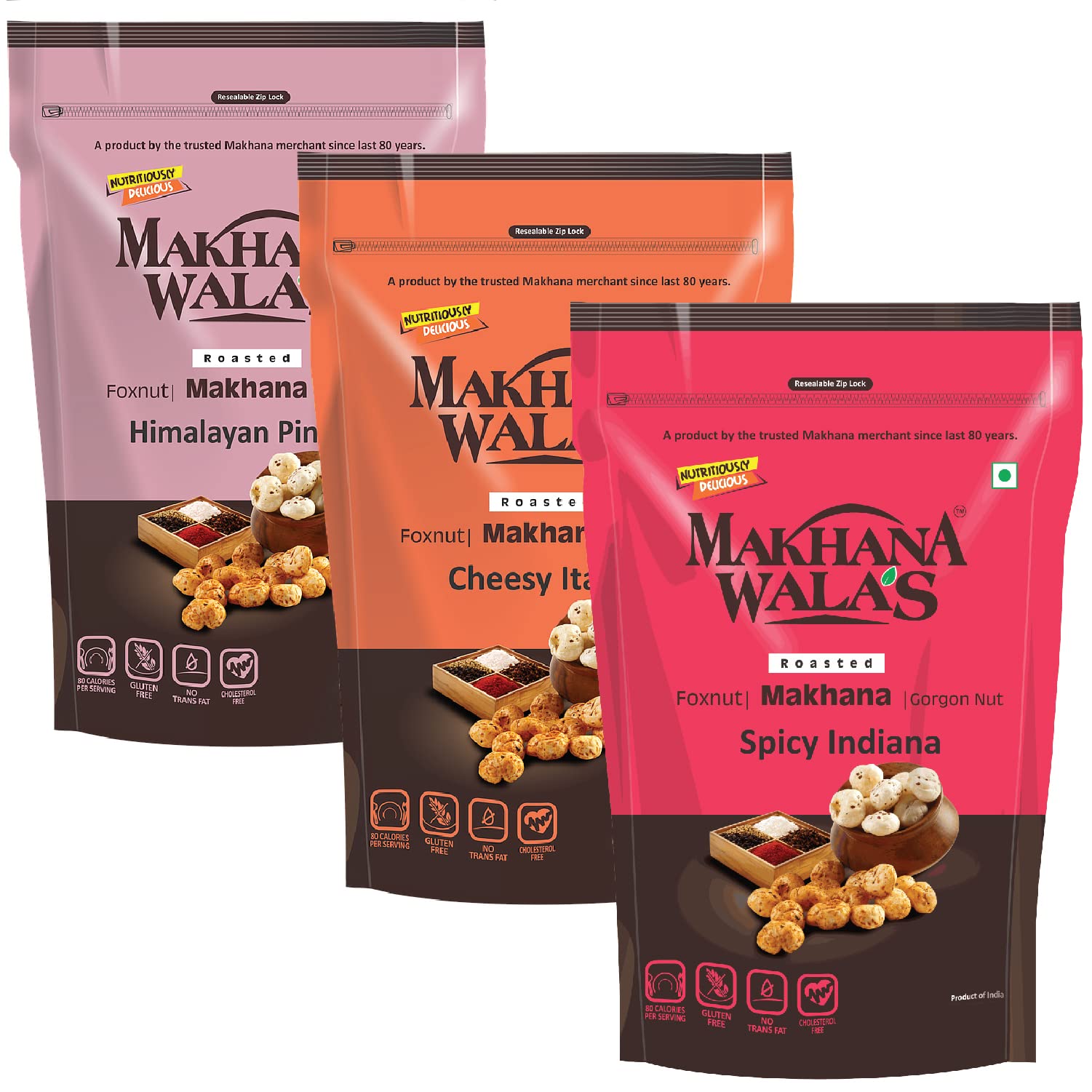 Sponsored Ad - Makhanawala's Roasted Makhana/Water Lilly Pops/Gorgon Nut | Combo of Himalayan Pink Salt + Cheesy Italiana + Spicy Indiana | Healthy Makhana Snack, 3 Packs, 55 g Each.