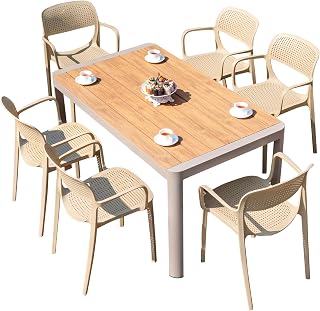 3/5/7/9/11-Piece Patio Dining Set Aluminum Frame Outdoor Furniture Set with Square Plastic Wood Table and Stackable PVC Chairs for Garden Yard (6 Chairs+142 * 80cm Grant Long Table)