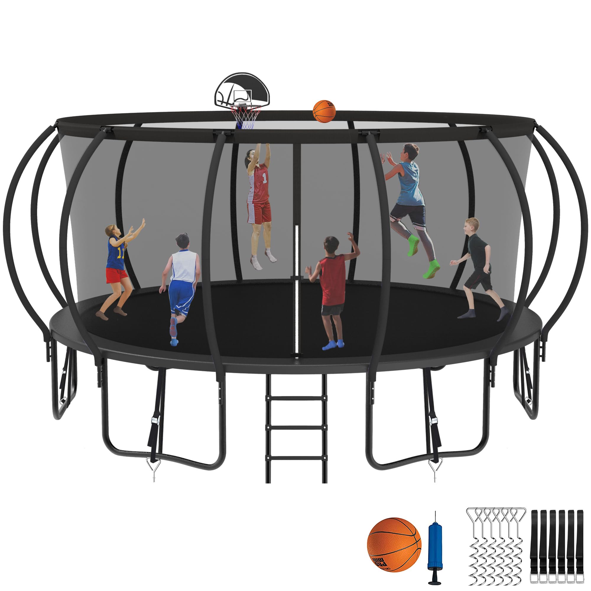 Photo 1 of 1500LBS 14FT Tranpoline for Adults Kids, No Gap Design Pumpkin Tranpolines, Stakes, Basketball Hoop,Safety Enclosure Net, Ladder-ASTM CPC CPSIA, Classical Black Classical Black 14FT