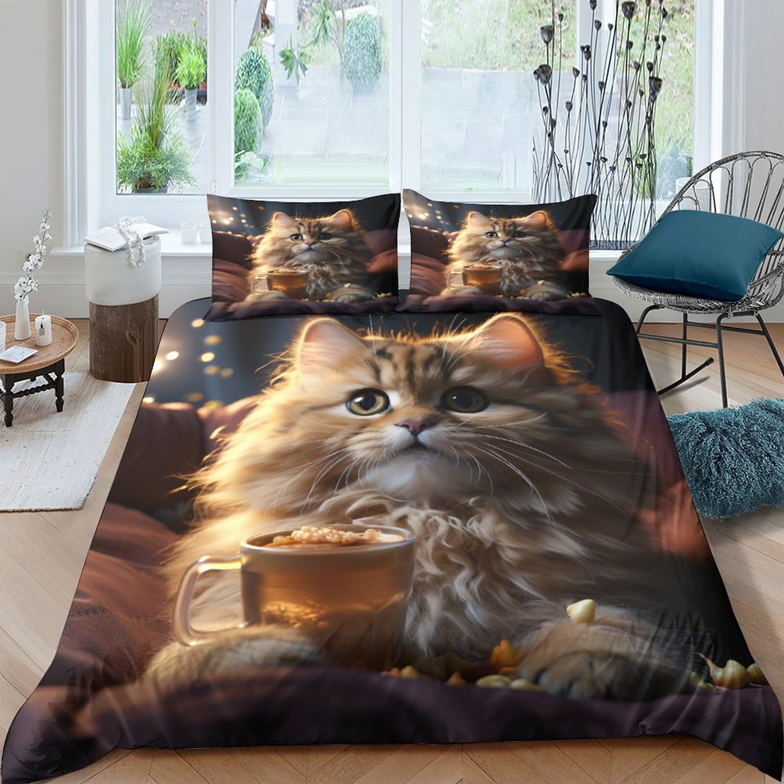 Parure de lit de en microfibre lit double housse de couette imprimée chat pour chambre cocooning