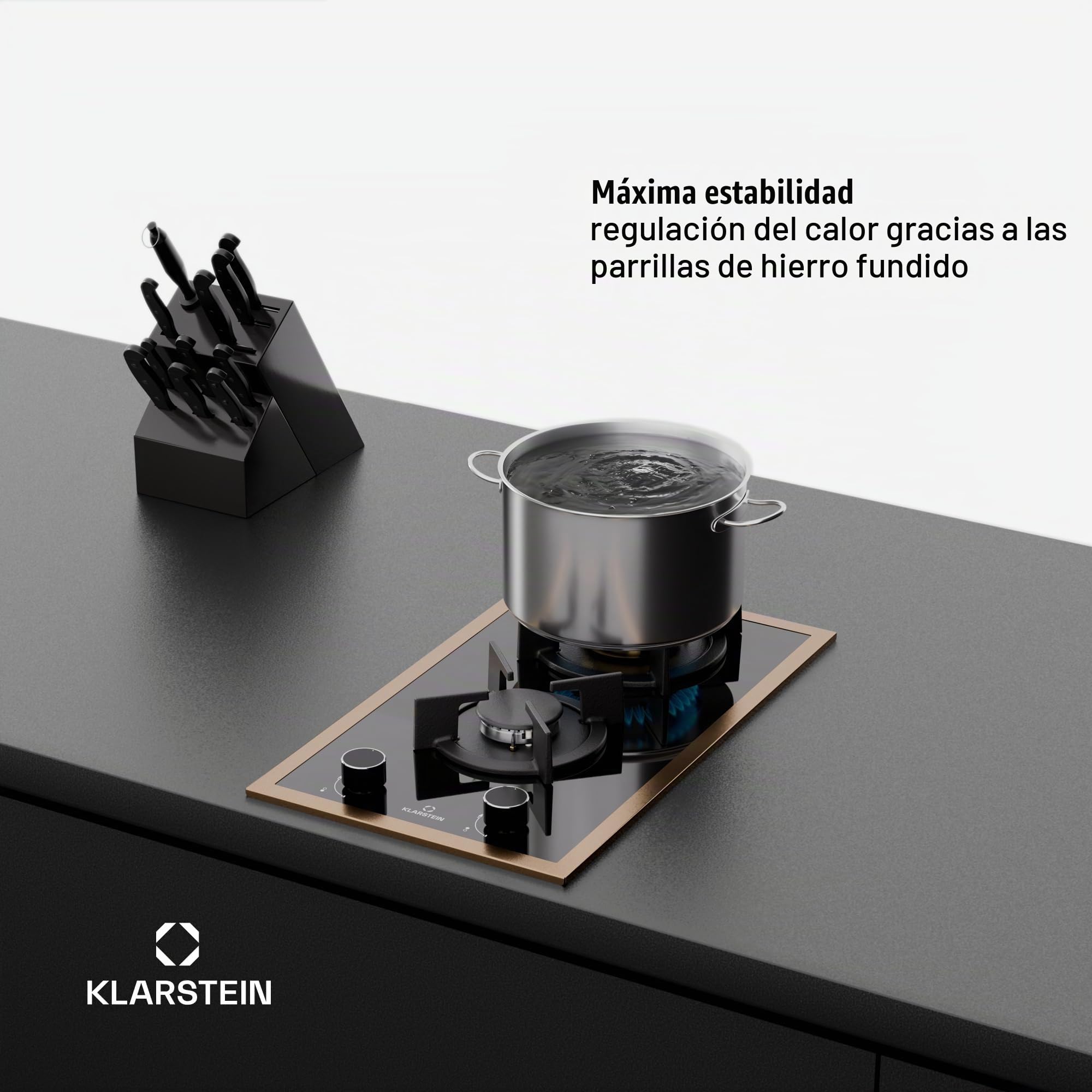 Klarstein Lumiflame Placa de Gas, 2 Quemadores, 4,2kW, Superficie de Cristal Templado, Encendido Eléctrico, Seguridad FFD, Marco de Cobre, Soportes de Hierro Fundido, Compatible con GLP/Gas Natural