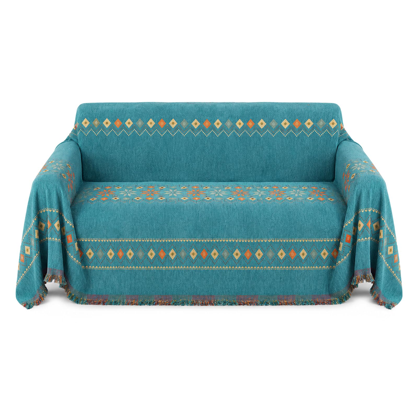 M.J COMFY-LIFE Bohemian Chenille Sofa Throw Large Throw Blanket with Tassels, Soft Reversible Couch Cover & Sofa Protector, Extra Large Decorative Throw (Green)