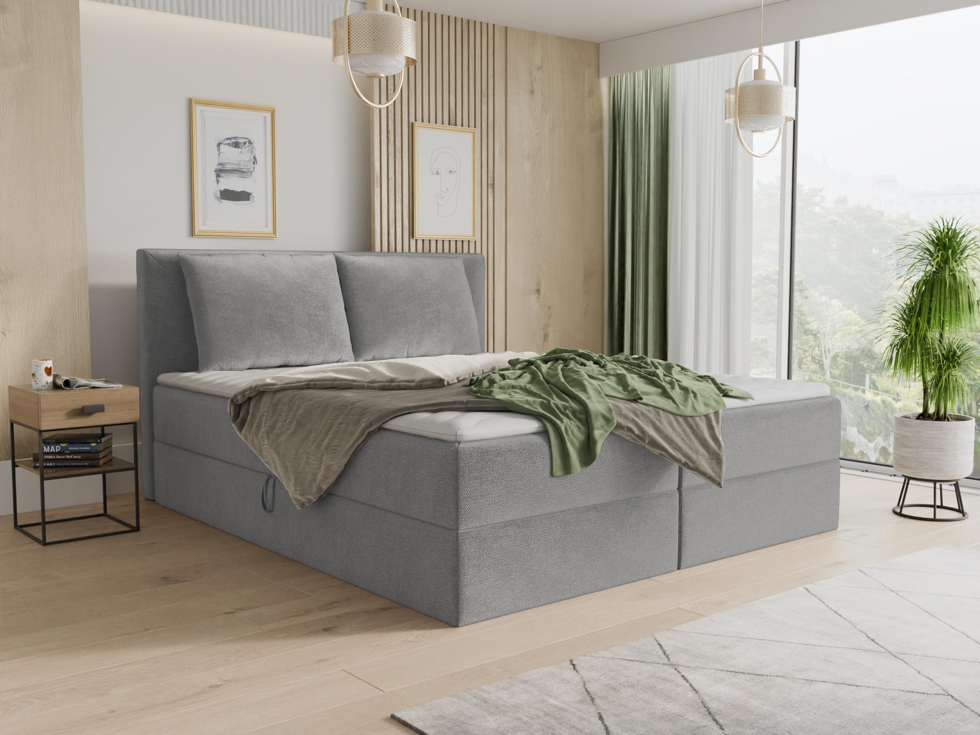 Sofnet Boxspringbett Egro mit 2 Bettkästen und Zwei große Kissen - Doppelbett mit Bonell-Matratze und Topper, Polsterbett, Bett, Bettgestell Schlafzimmer (Grau (Paros 05), 160 x 200 cm)