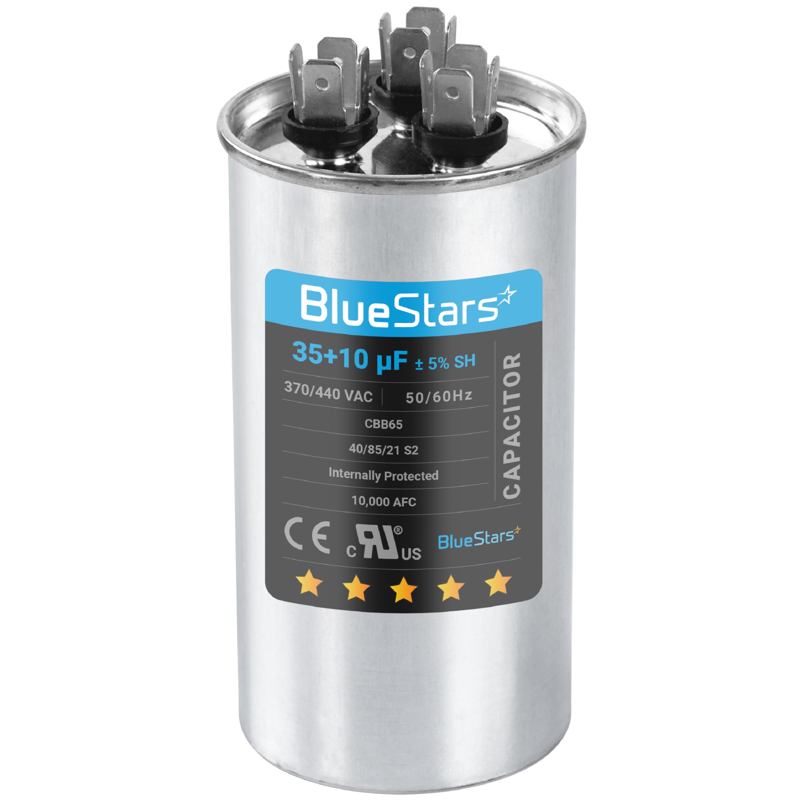 [UL Certified] BlueStars 35+10 uF 35/10 MFD ±5% 370-440VAC Volts CBB65 CBB65B Dual Run Start Round Capacitor for Condenser Straight Cool or Heat Pump Air Conditioner or AC Motor and Fan Starting