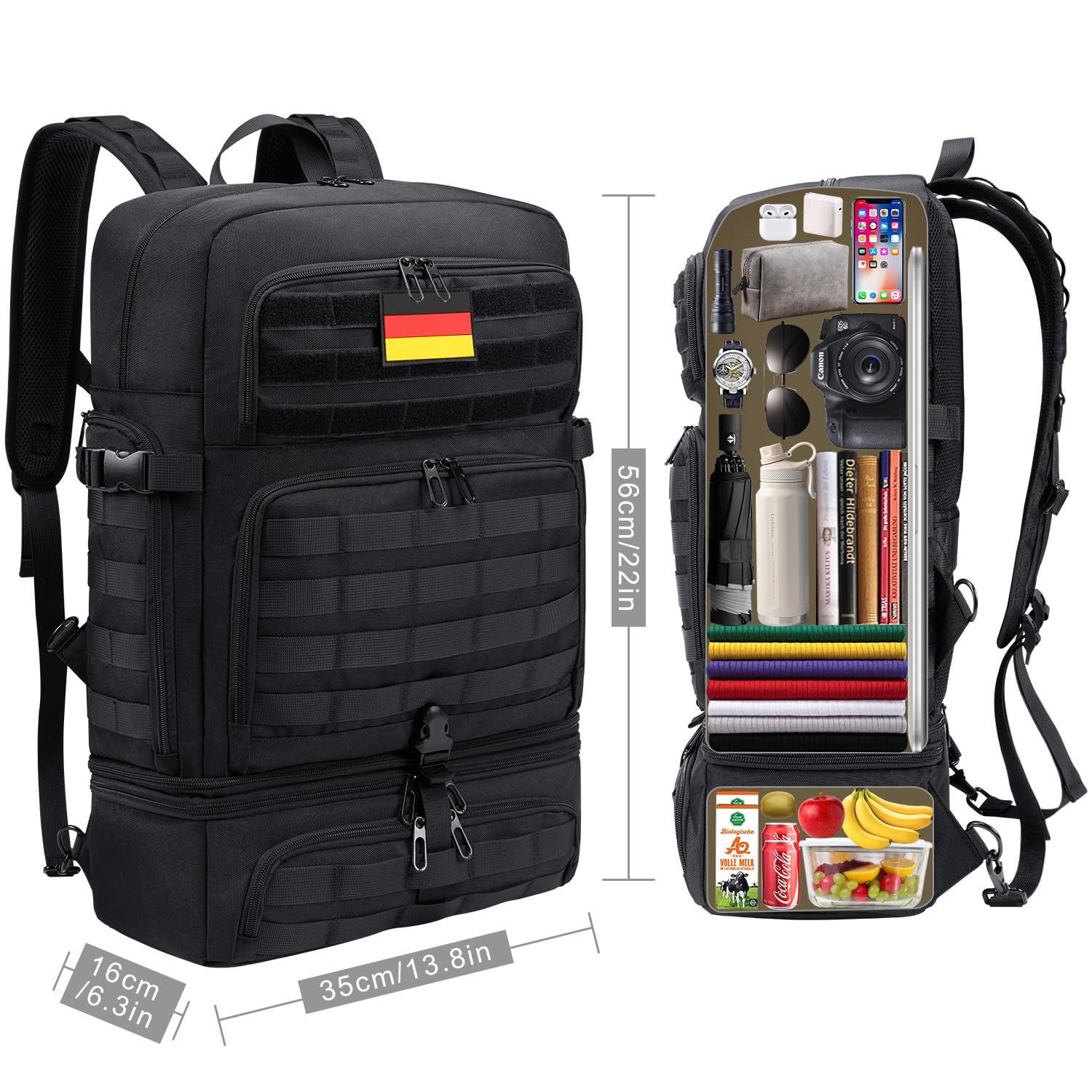 BERTASCHE Sac à dos pour ordinateur portable 17" avec sac isotherme 2 en 1 pour homme, travail, université, pique-nique, militaire, noir, Noir