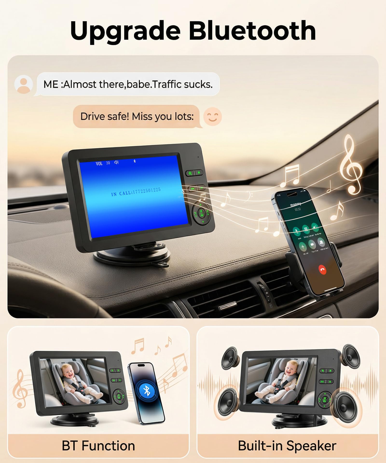 Rimoody Telecamera per Auto per Bambini per Sedile Posteriore, 4.3 Pollici Schermi, Specchio Retrovisore per Seggiolino Auto con Visione Notturna IR, Vivavoce Bluetooth & Musica, Luci a Sette Colori