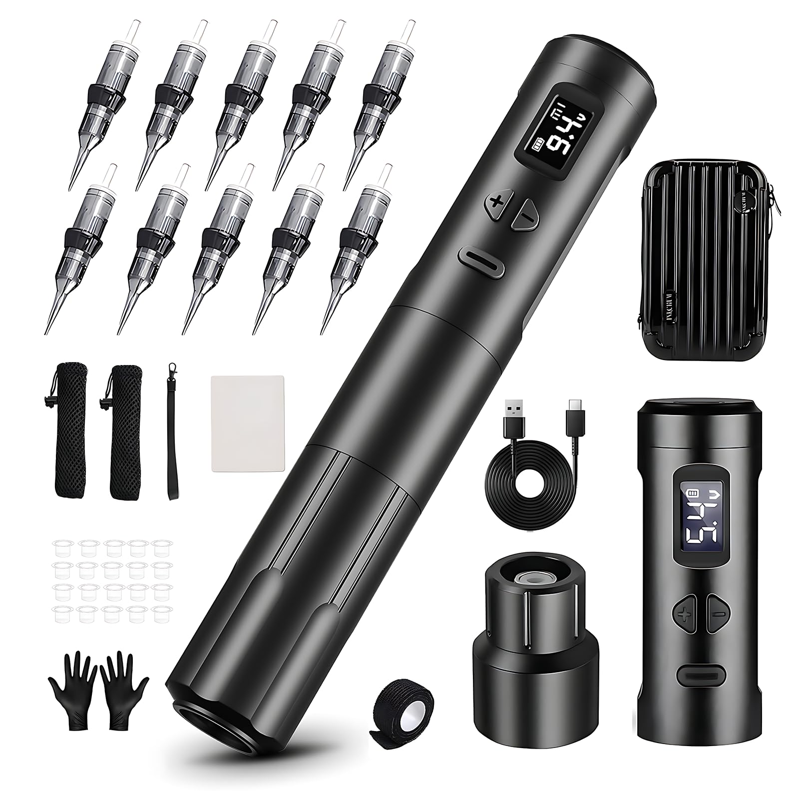 Tatioo Machine Set Wireless Rotation Taitoo Pen with 2 Batteries, Exercise Head, Cup and Gloves, 10 W Coreless Motor Digital OLED Display Equipment for Professionals and Beginner Artists
