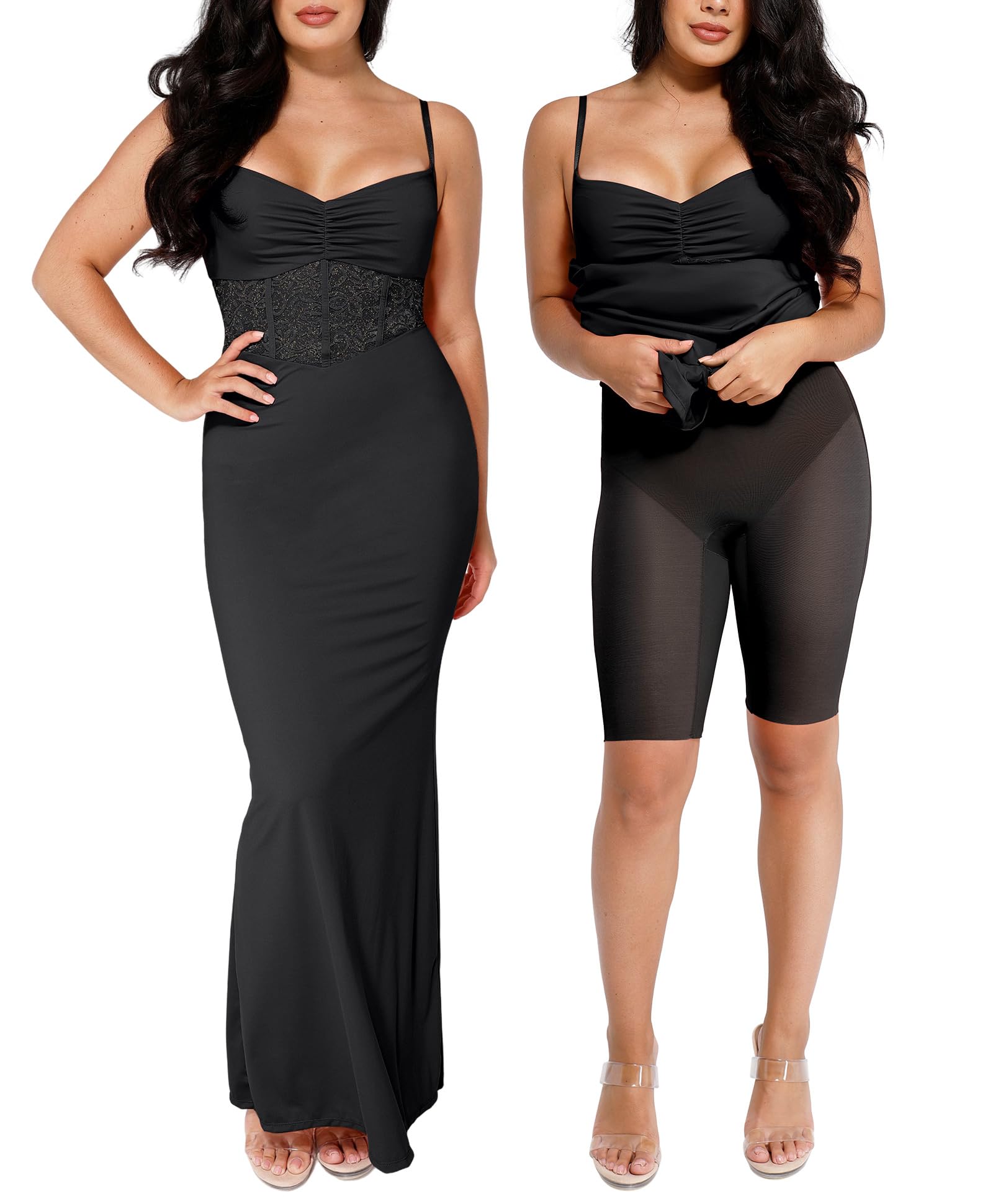Popilush Black Corset Shaper Dress Lace Formal Maxi Dresses with Built in Shapewear Cocktail Party Dress Evening Gown