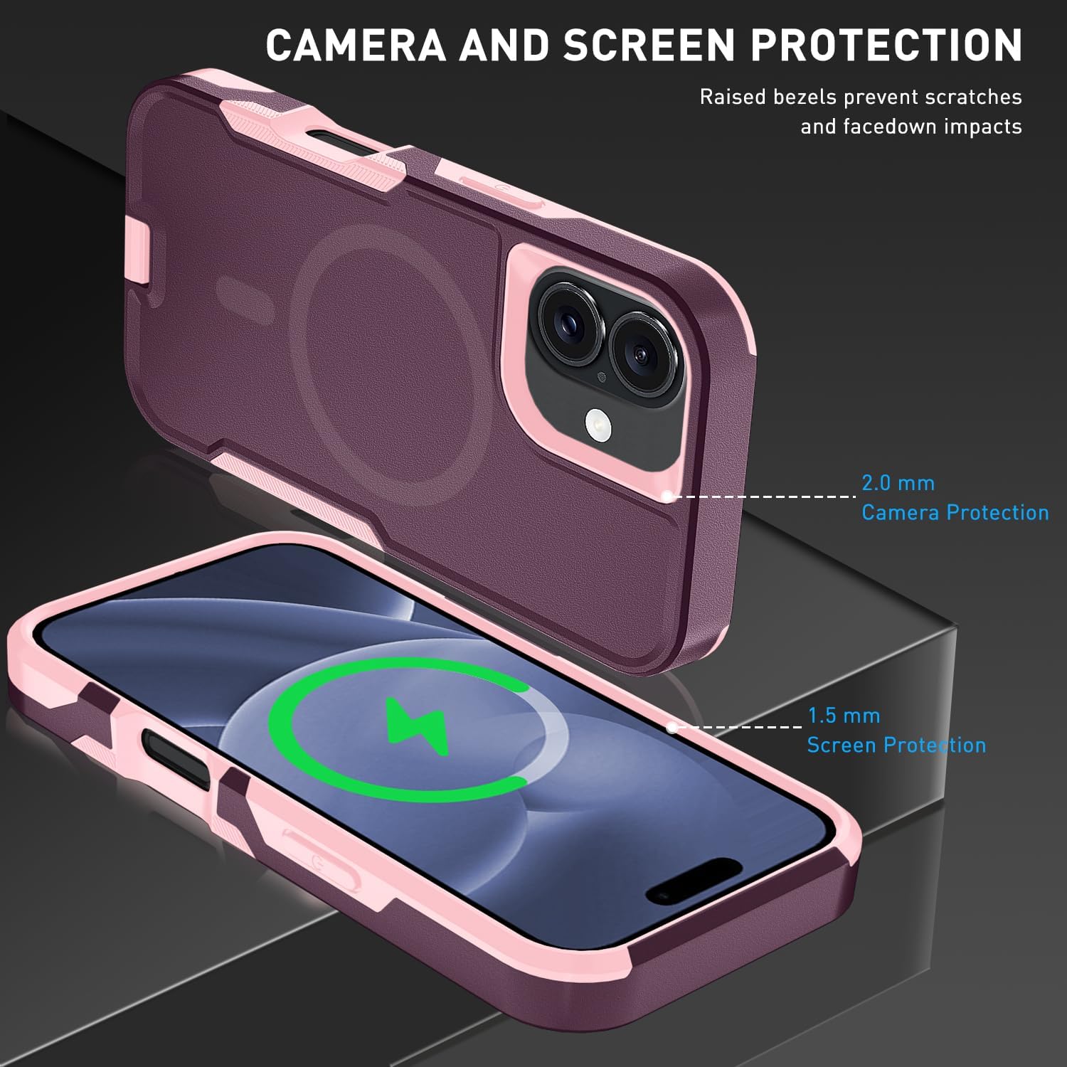 Magnetic for iPhone 16 Case,[Compatible with MagSafe] [Belt Clip Holster], with 2X Tempered Glass Screen Protecto, Phone Cover for iPhone 16 6.1 Inch (WineRed/Pink-Belt Clip-MAG)