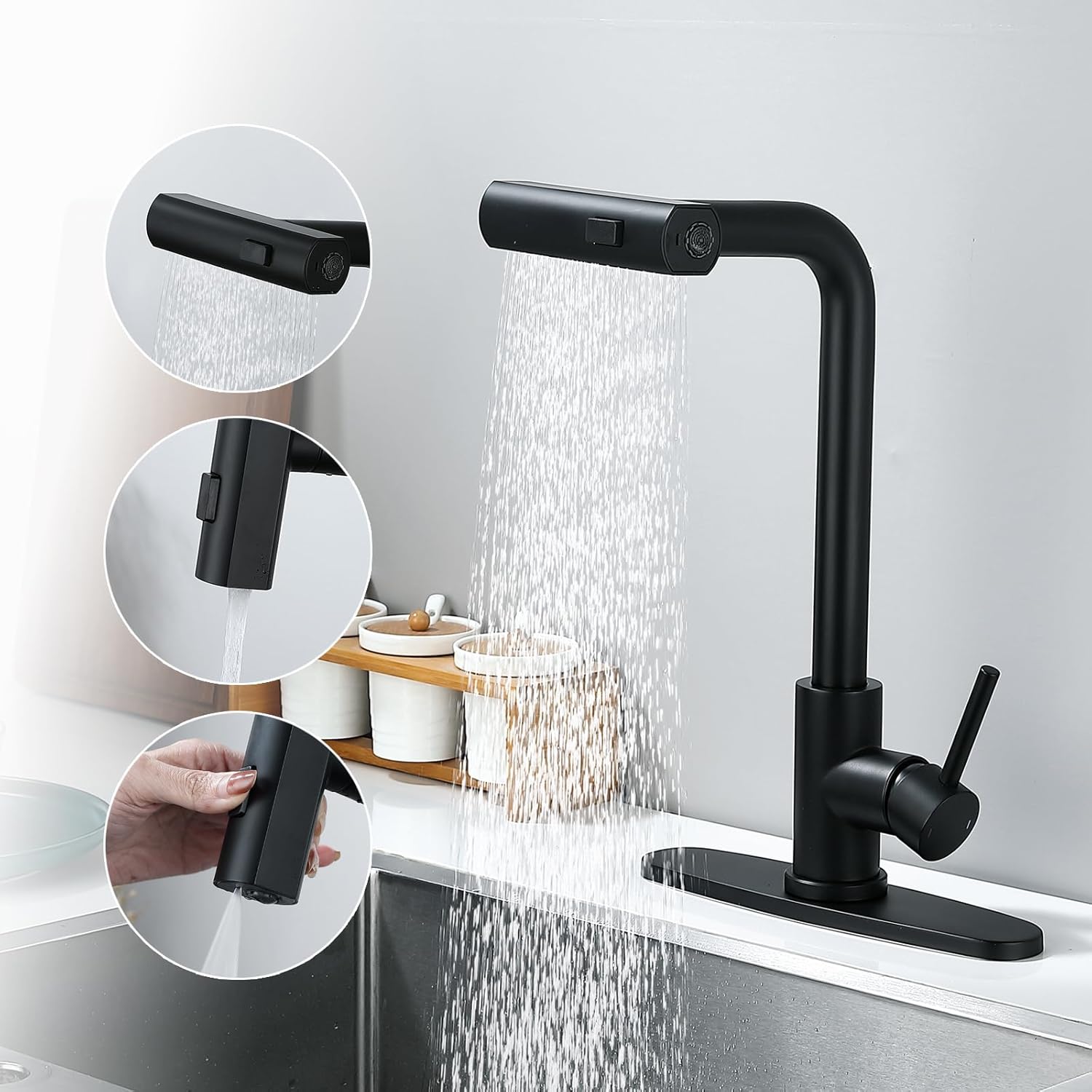 BARROCK Waterfall Kitchen Faucet with Pull Down Sprayer, Modern Stainless Steel Kitchen Sink Faucets with 3 Modes(Sweep/Stream/Waterfall) Rotary Switch Sprayer, Matte Black