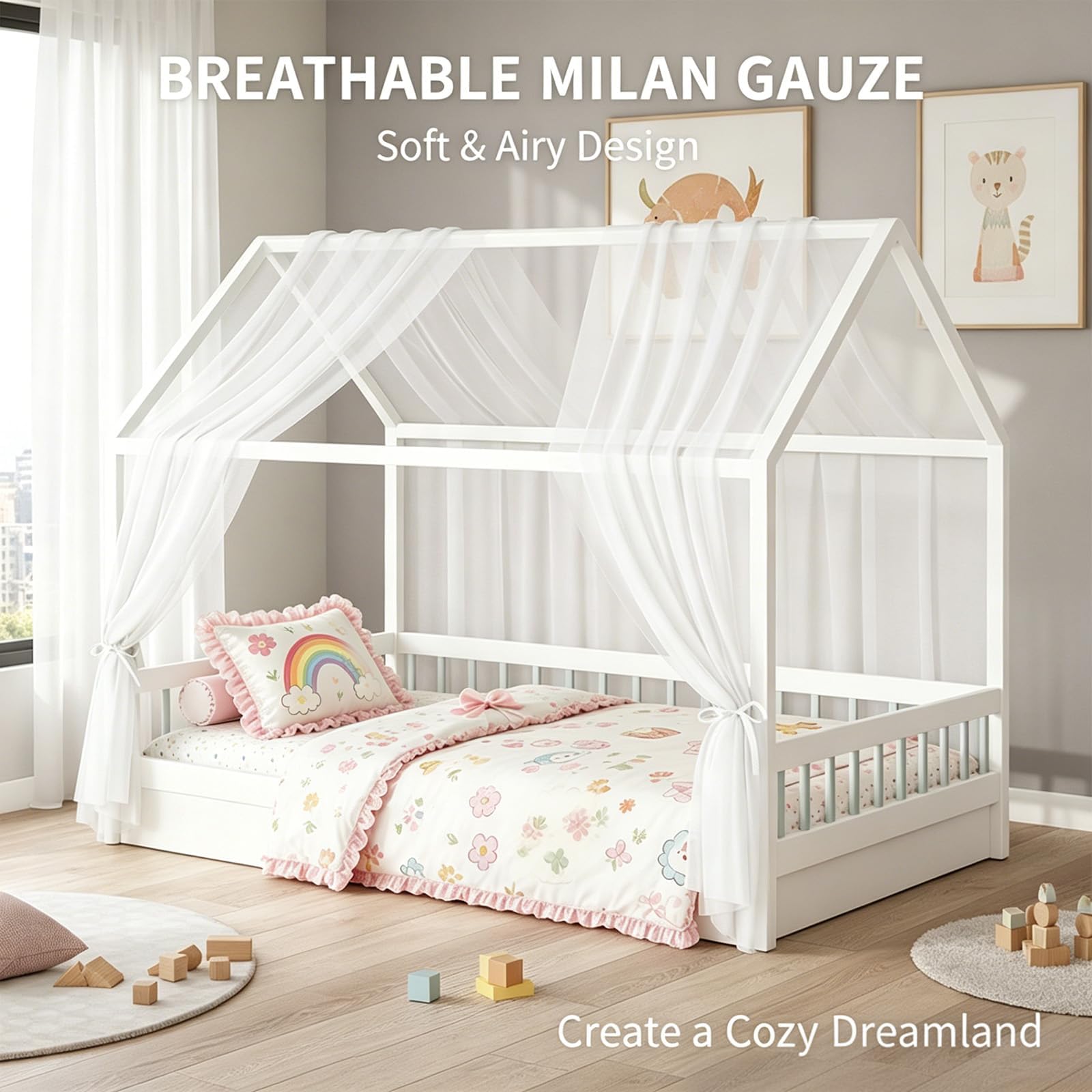 MeYuxg Lot de 2 Baldaquins de Lit de Maison pour Décoration de Lit de Maison, 150 x 350CM Anti-Moustiques Ciel de Lits en Coton Bio, Rideau de Lits Respirant en Mousseline pour Enfant (Vert)