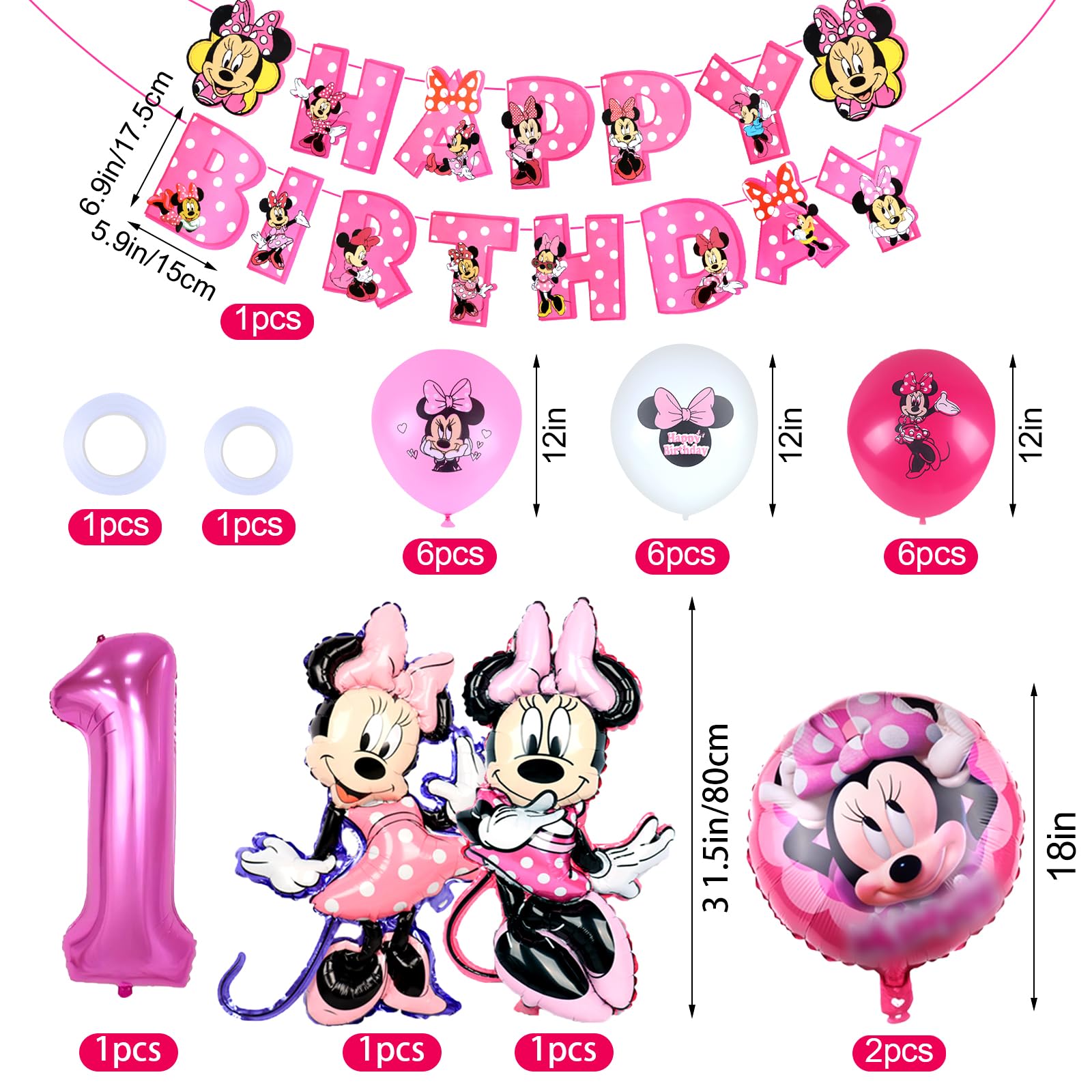 Déco Anniversaire Minnie 1 An - 51 Pièces Avec Ballons Hélium, Nappe, Cake Topper