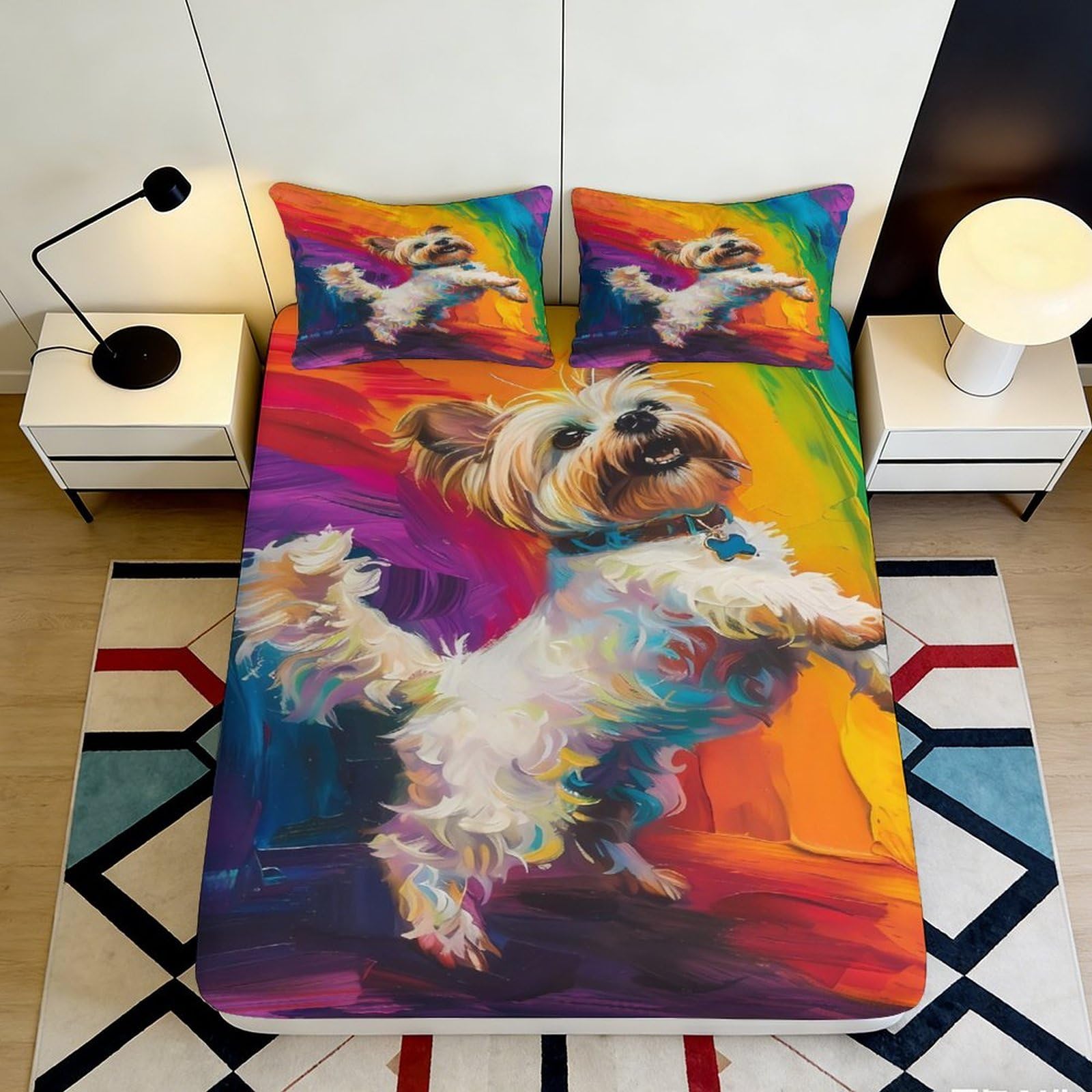 3D Printed Colorful Yorkshire Terrier Fitted Sheet Microfiber Anti-Slip Bed Cover for Bedroom Guestroom Decor Easy Care 90x200x25cm