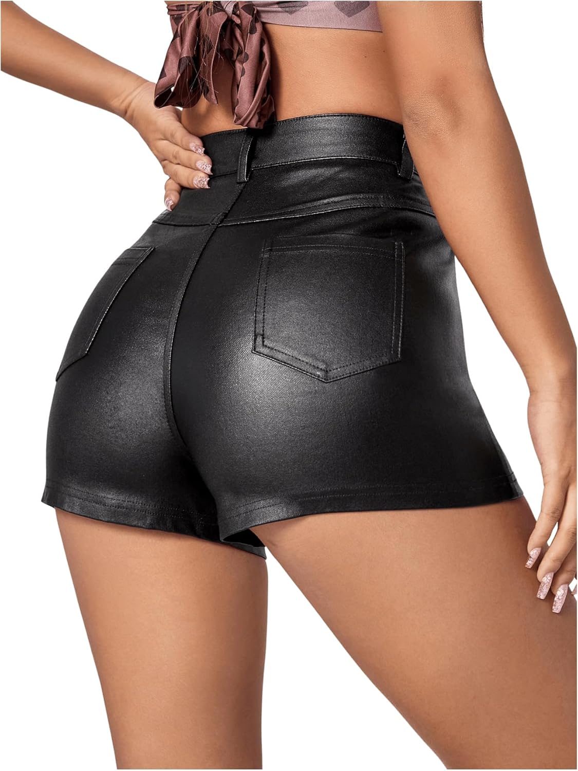 MakeMeChic Women's Faux Leather High Waist Stretchy Shorts Skinny Bodycon Bottom - Image 2