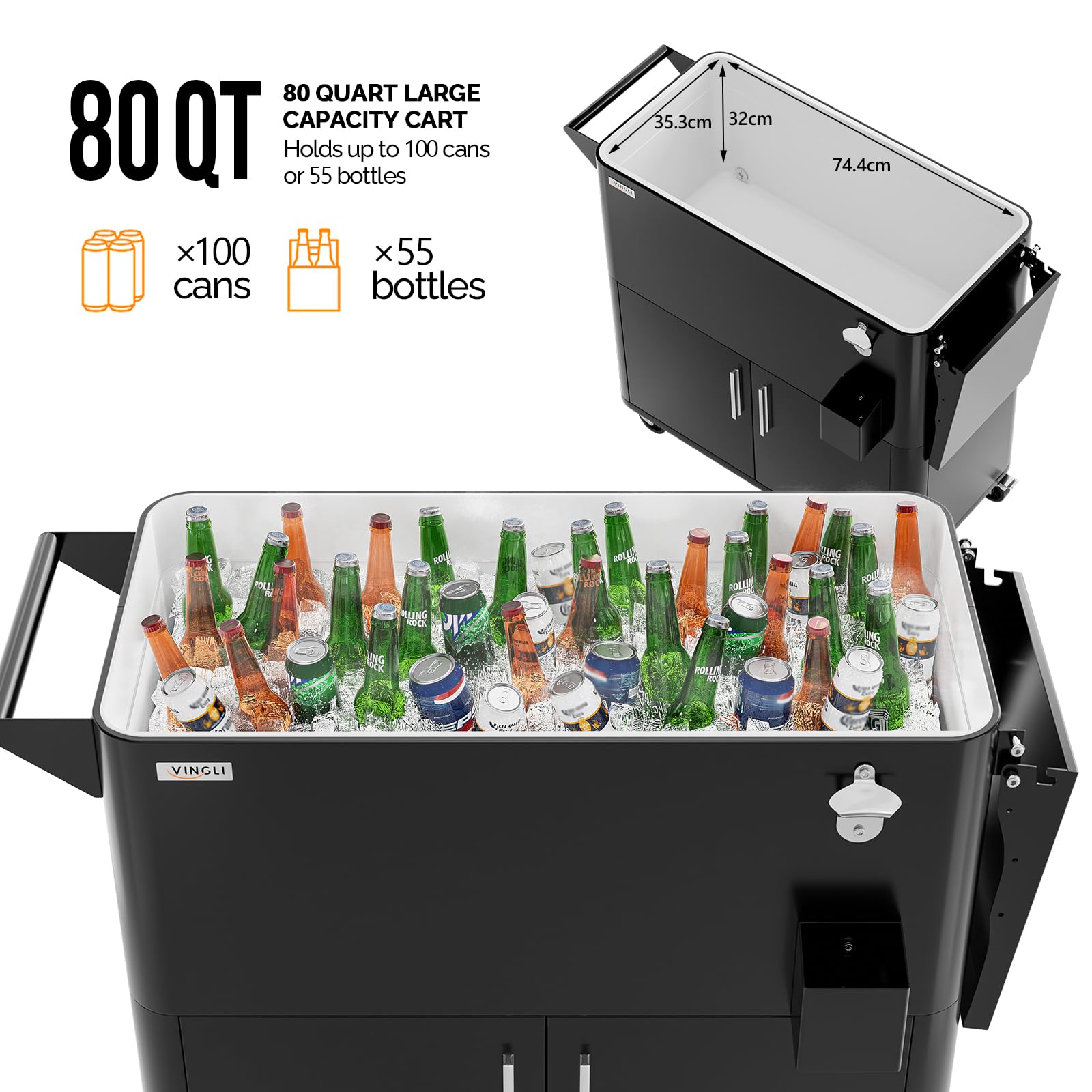 Bonnlo Carrito Nevera con Ruedas 76 L, Enfriador de Bebidas con Mesa Lateral y Abrebotellas, Nevera Exterior para Patio, Jardín, Camping y Playa, Negro