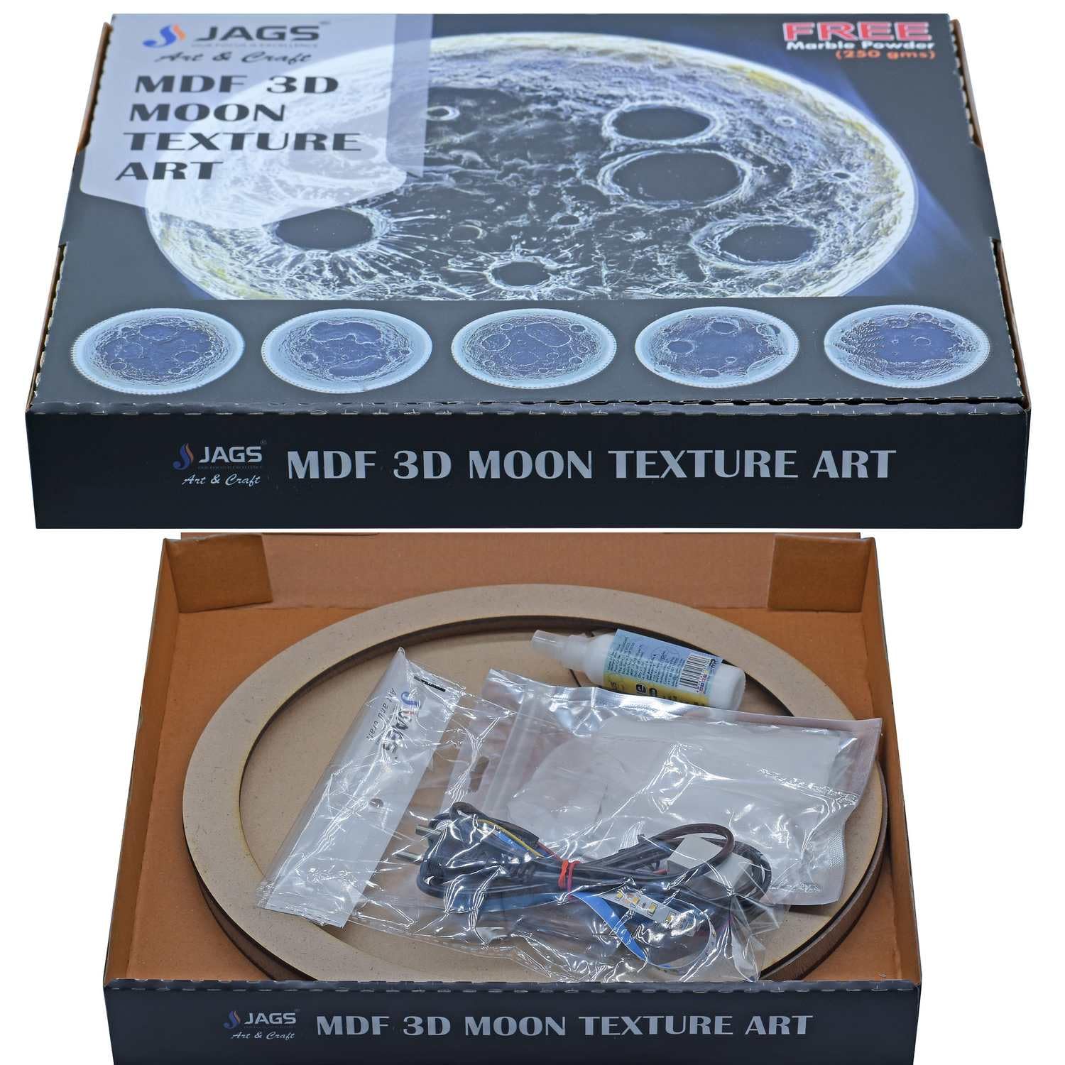 Aadya Crafts MDF 3D Moon Texture Art Round Base 12 Inches MFWL00 | LED Light with Adapter, Includes Glue & Stand, Free Marble Powder, DIY Craft Kit, 20x20x1.5 cm-image-17
