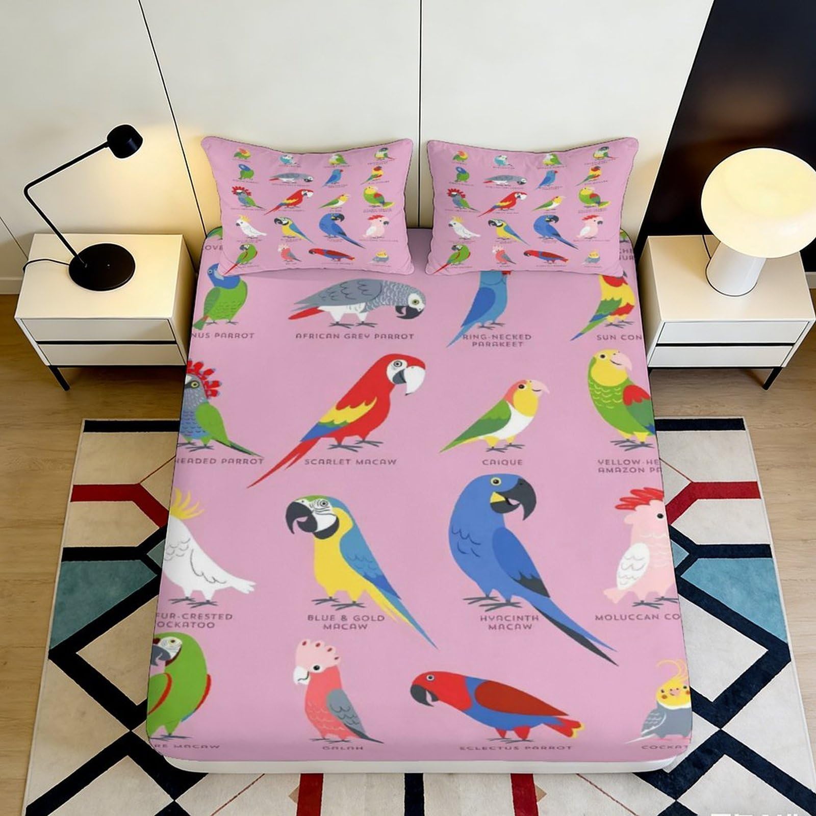 3D Printed Parrot Bird Fitted Sheet Microfiber Pink Macaw Mattress Cover for Bedroom Guest Room Easy Care 90x200x25cm