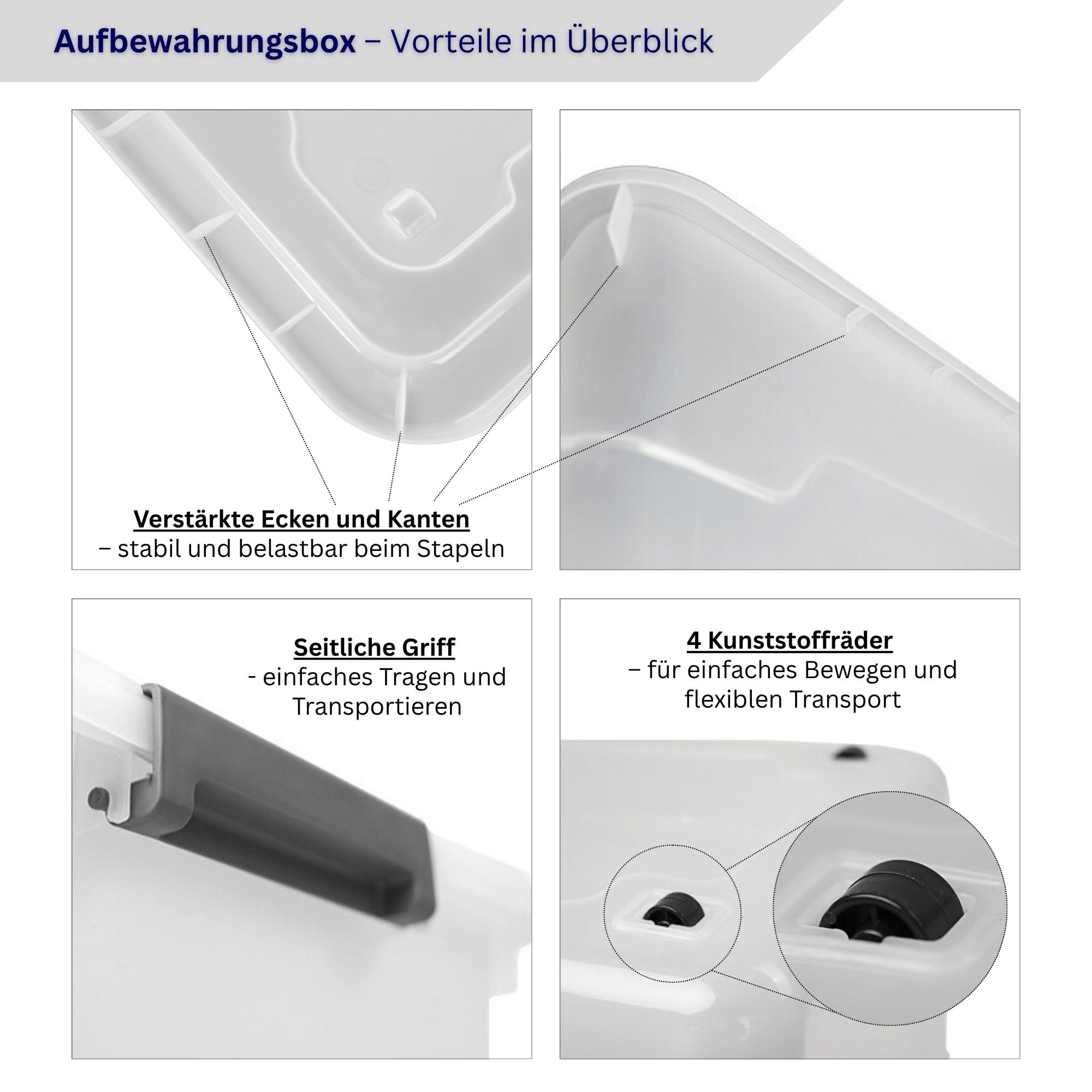 PROREGAL Aufbewahrungsbox mit Deckel 60L im 4er Set, Extra Groß, Rollen, Plastikbox transparent stapelbar, Kunststoffbox Verschlussclips, Stapelbox Kunststoff, Aufbewahrungsbehälter für Küche Haushalt