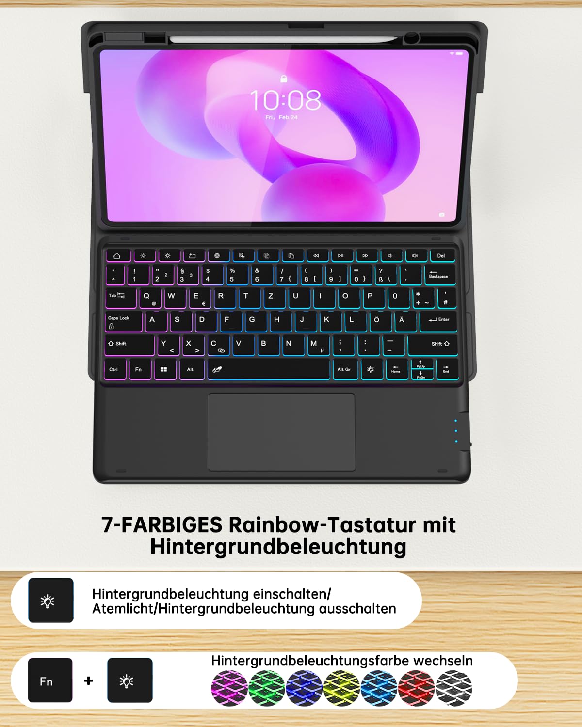 ROOFEI für Lenovo Idea Tab Plus 12,1 Zoll 2025 Hülle mit QWERTZ Tastatur - Regenbogen-Hintergrundbeleuchtung Magnetisch Abnehmbar Tastatur mit Trackpad für Lenovo Idea Tab Plus 12,1" Tablet TB365FC