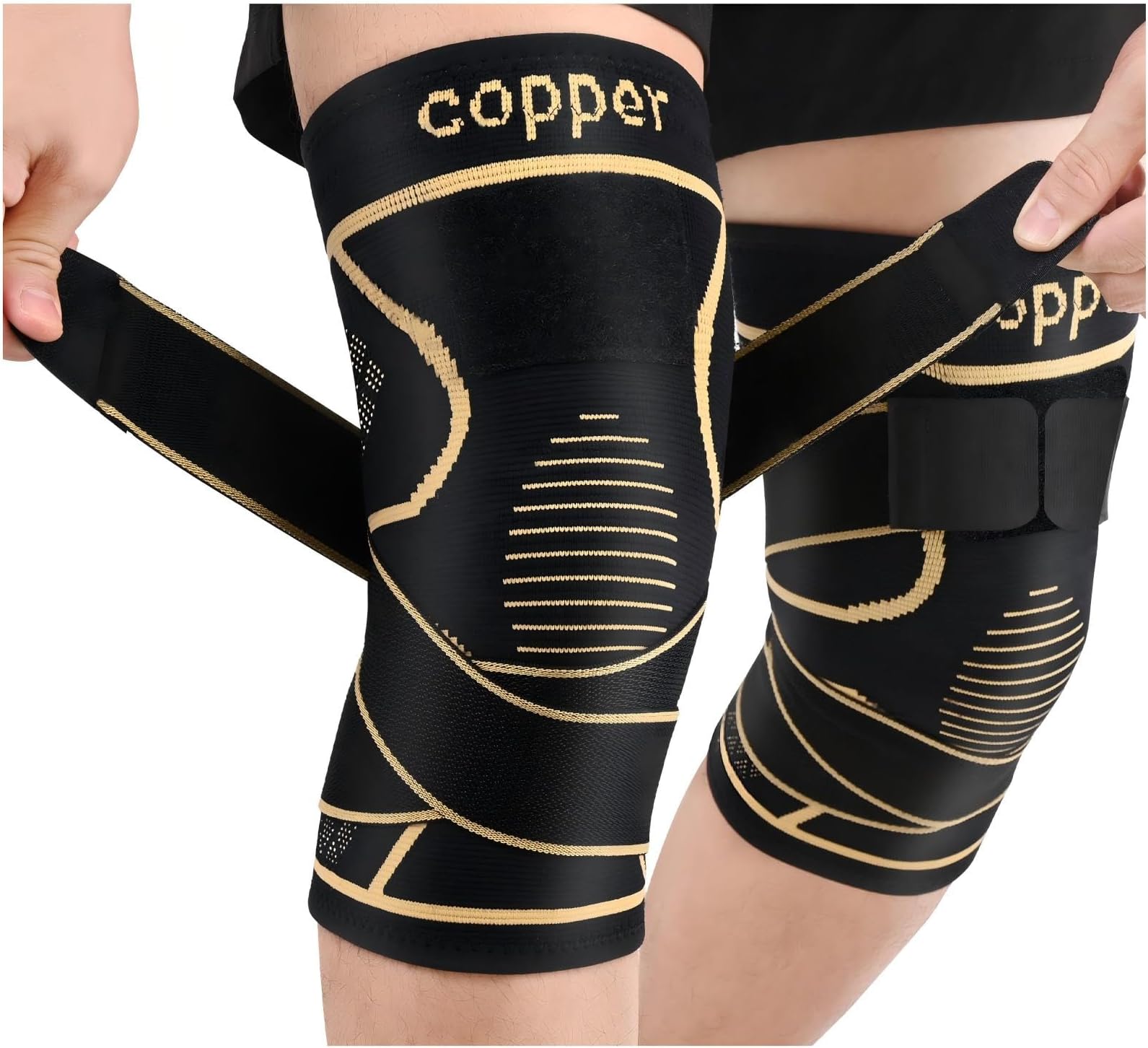JHVW Copper Knee Brace for Women Men 2-Pack, Knee Compression Sleeve with Straps, Knee Braces for Knee Pain, Knee Support for Running Working