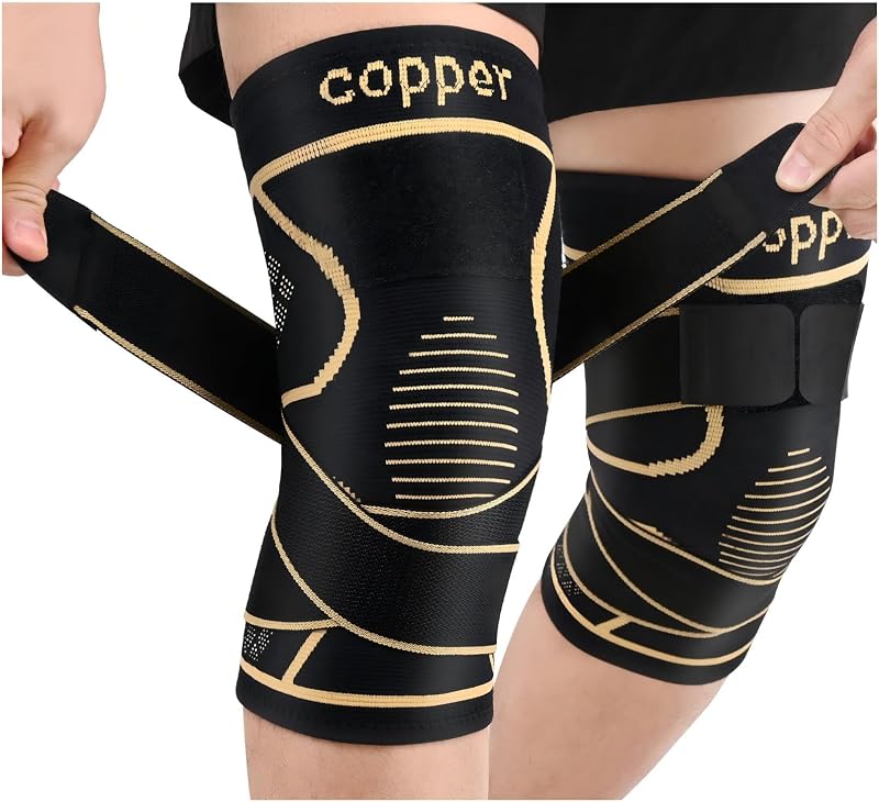 JHVW Rodillera de cobre para mujeres y hombres, paquete de 2, rodillera de compresión con correas, rodilleras para dolor de rodilla, soporte de rodilla para correr y trabajar