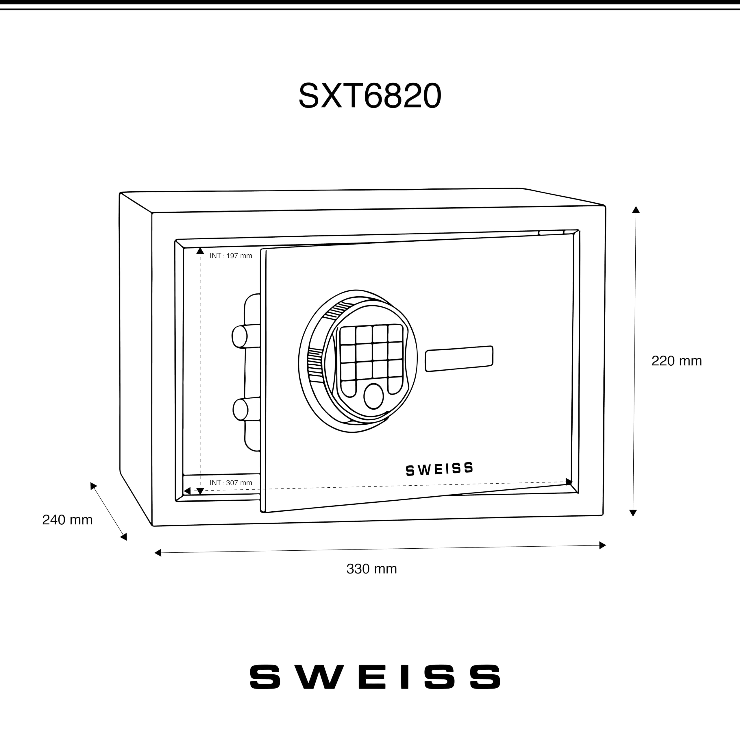 SWEISS Cassaforte elettronica SXT6820, capienza 8L, acciaio sicurizzato con impronta digitale e codice, display digitale, chiave di emergenza, USB Type-C, illuminazione a LED, nero