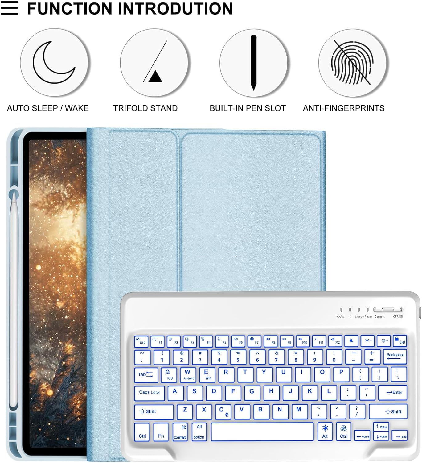 IVEOPPE Keyboard Case for Xiaomi Redmi Pad Pro 12.1 Inch 2024/Xiaomi Poco Pad 12.1", 7 Colors Backlit, Detachable Bluetooth Wireless Keyboard Slim PU Stand Cover with Pencil Holder,Light Blue