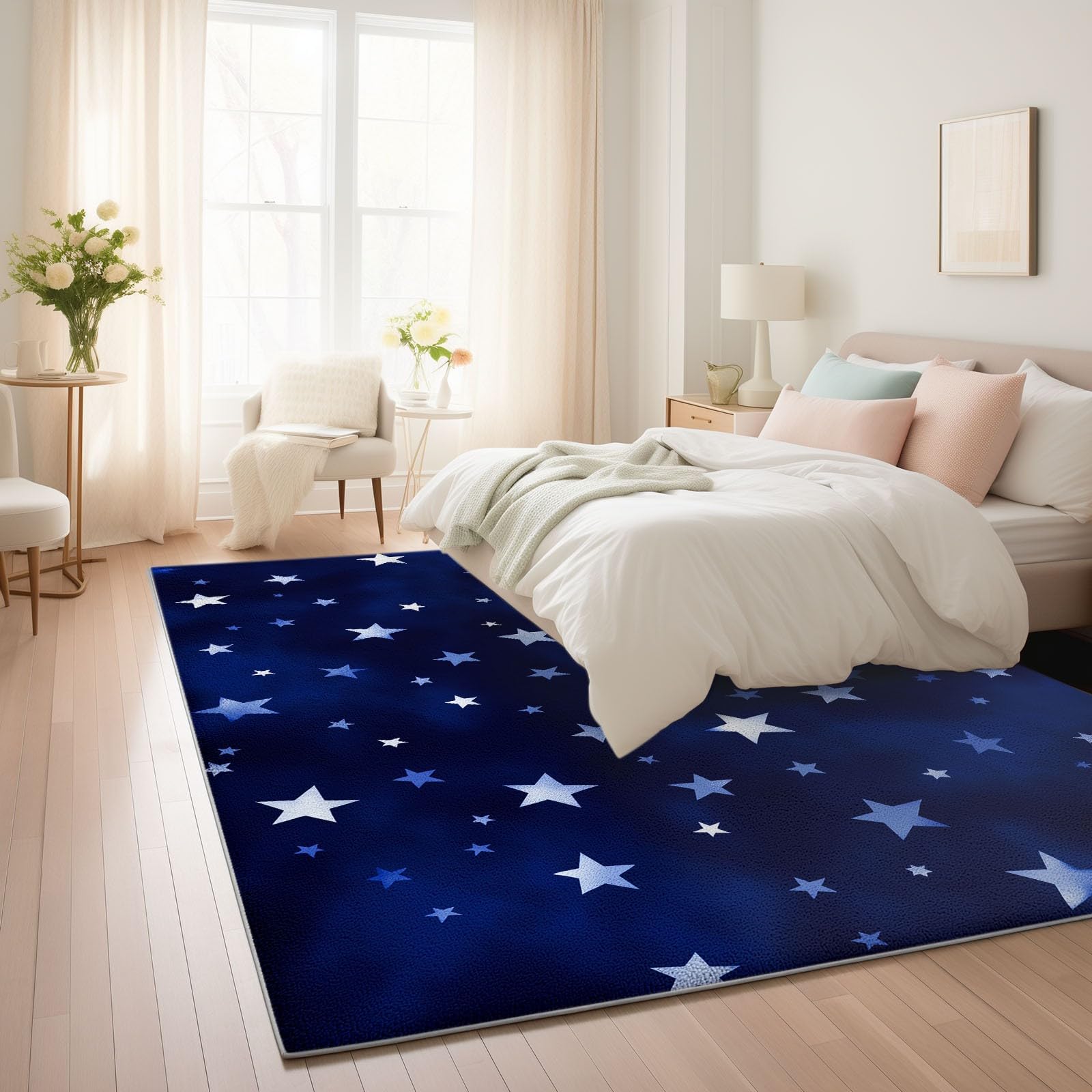 Generisch Teppich Wohnzimmer Sternenhimmel 120 x 170 cm, Kurzflor Teppich Schlafzimmer Waschbare Wohnzimmerteppich - Einfach Sterne Streifen rutschfest Teppiche Kinderzimmer Teppichläufer
