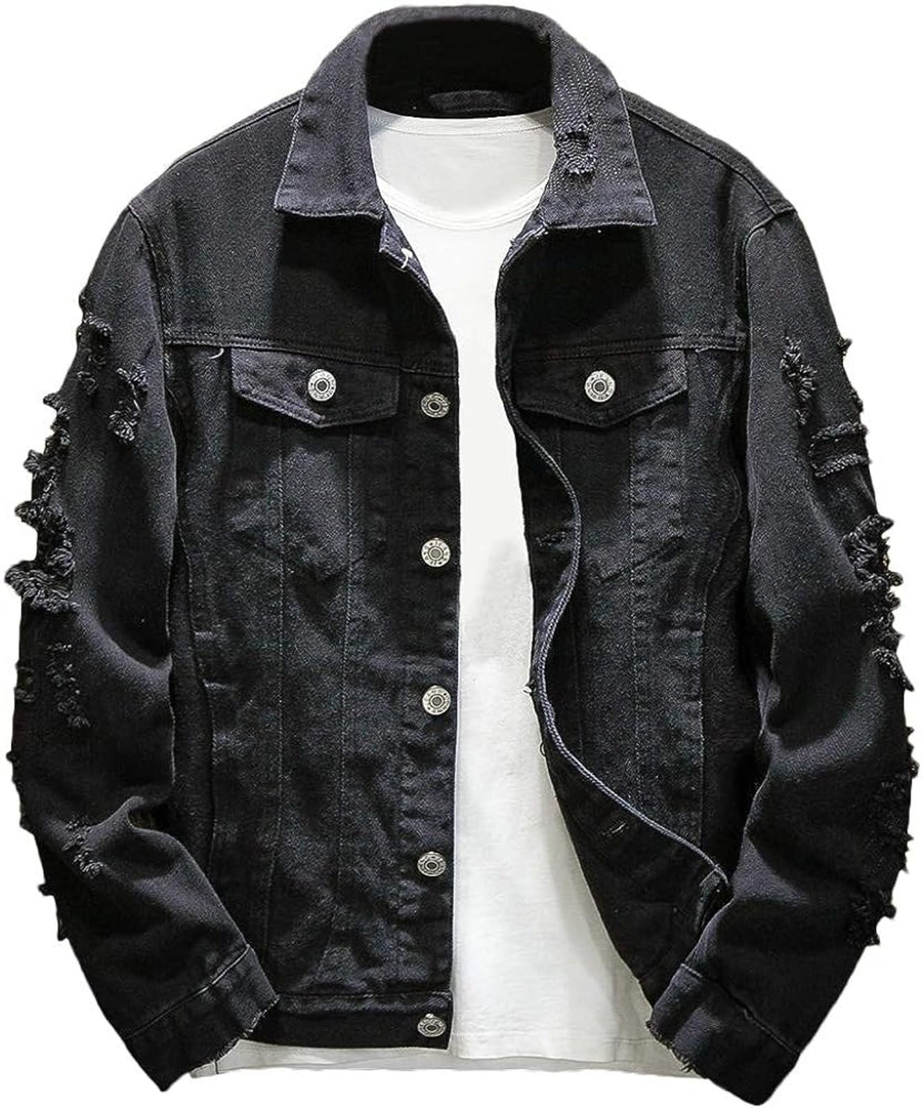 Yokima Mens Distressed Denim Jacket Casual Ripped Holes Button