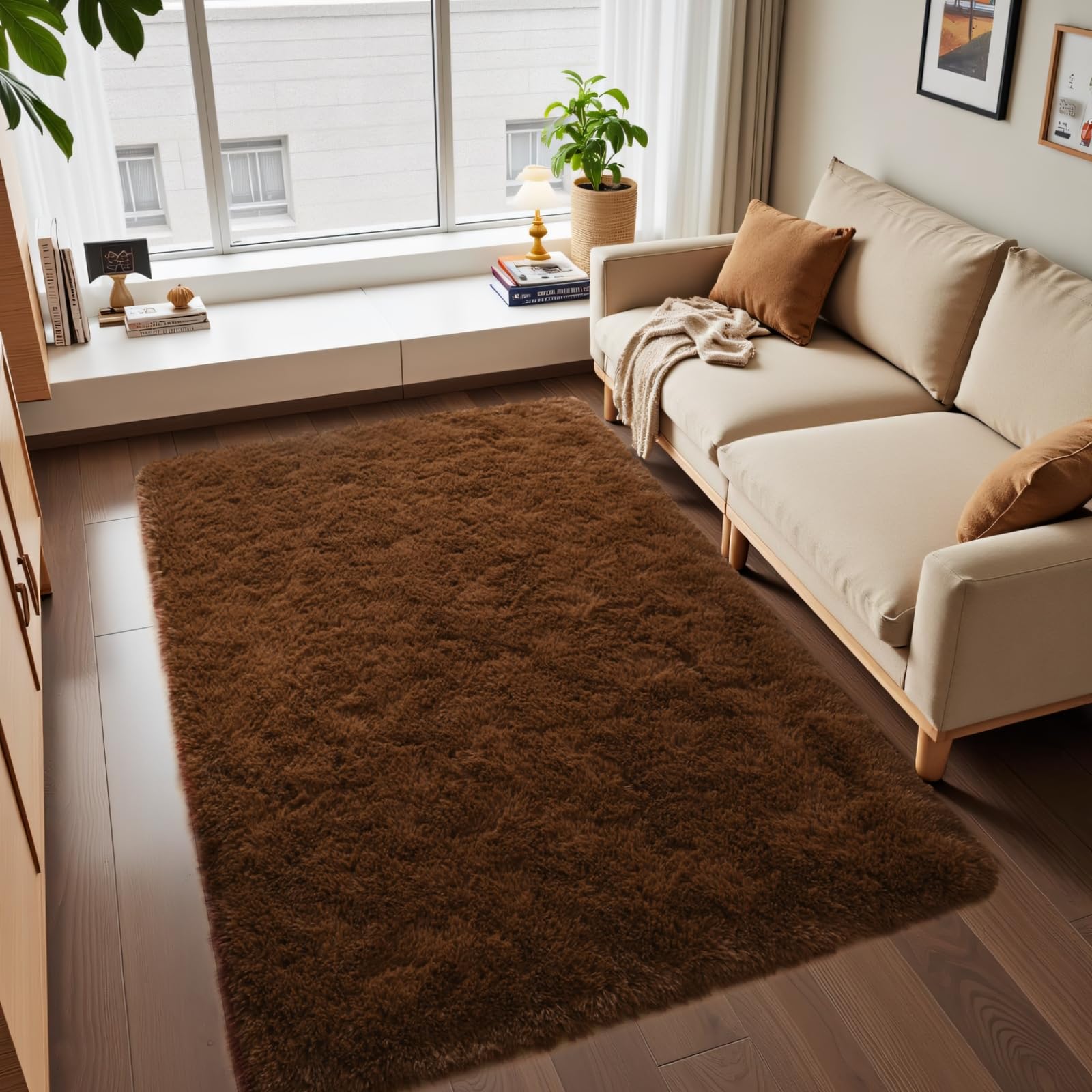 Macgace Fluffy Area Rugs for Bedroom Decor Aesthetic, 3x5 Brown Shag Rug with Non-Slip Dots for Living Room, Furry Plush Mat Washable Fuzzy Carpet