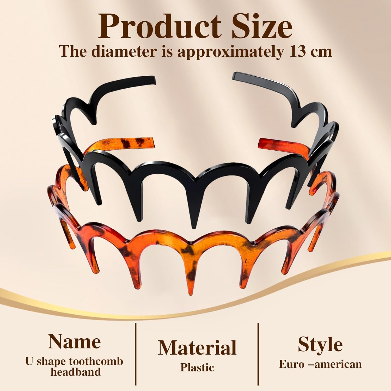 U Shape Fashion Tooth Hair Comb Headband, New Zig Zag Headbands for Women, High Cranium Head Band, Reversible Korean Headbands with Teeth, Gifts for Teen Girls(2PCS)(Amber+Black) - Image 2