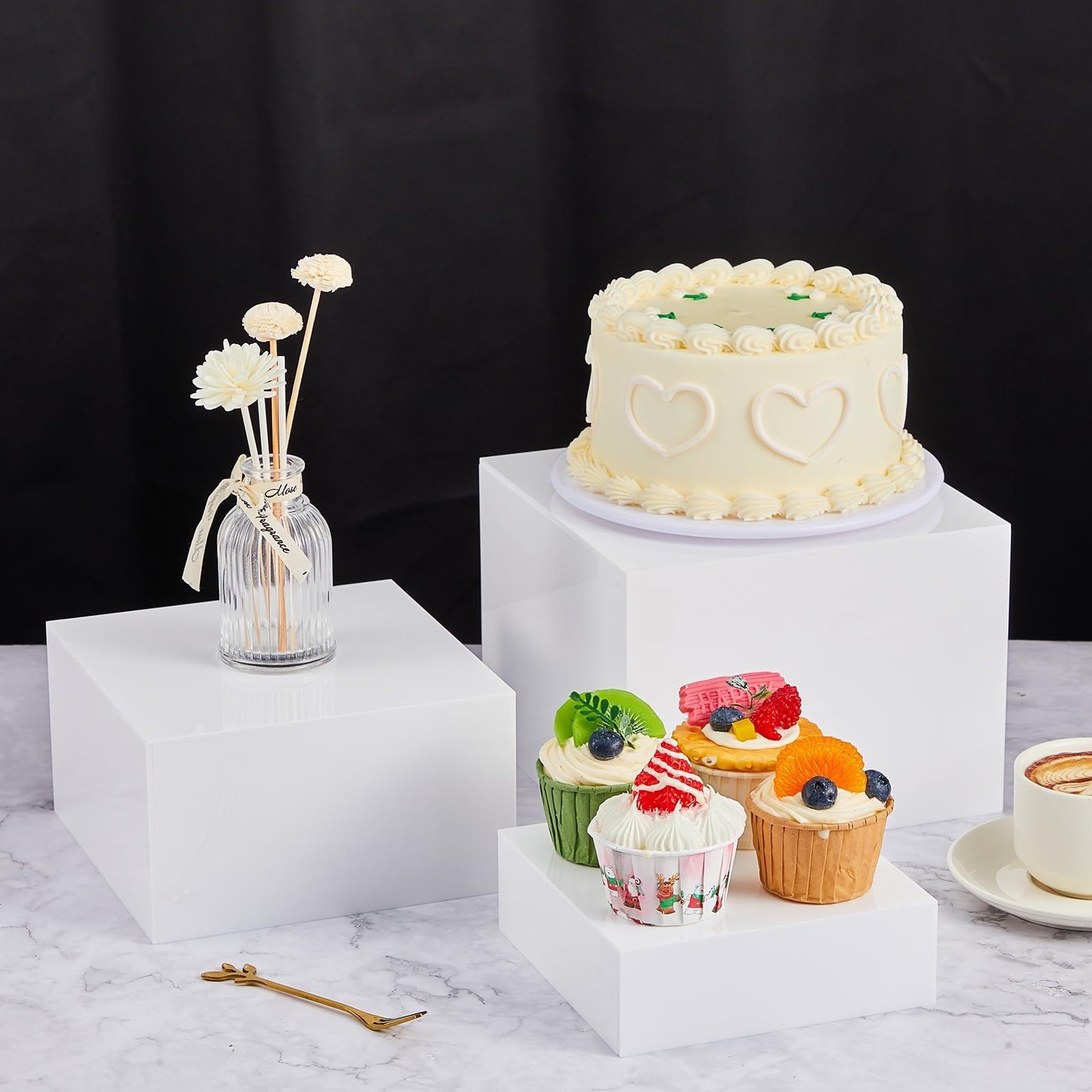 HEYOUTH Set di 7 rialzi grandi per buffet (15-30 cm) in acrilico – Scatole espositive quadrate con fondo cavo per tavoli di dessert, presentazione di alimenti e forniture per catering (White)