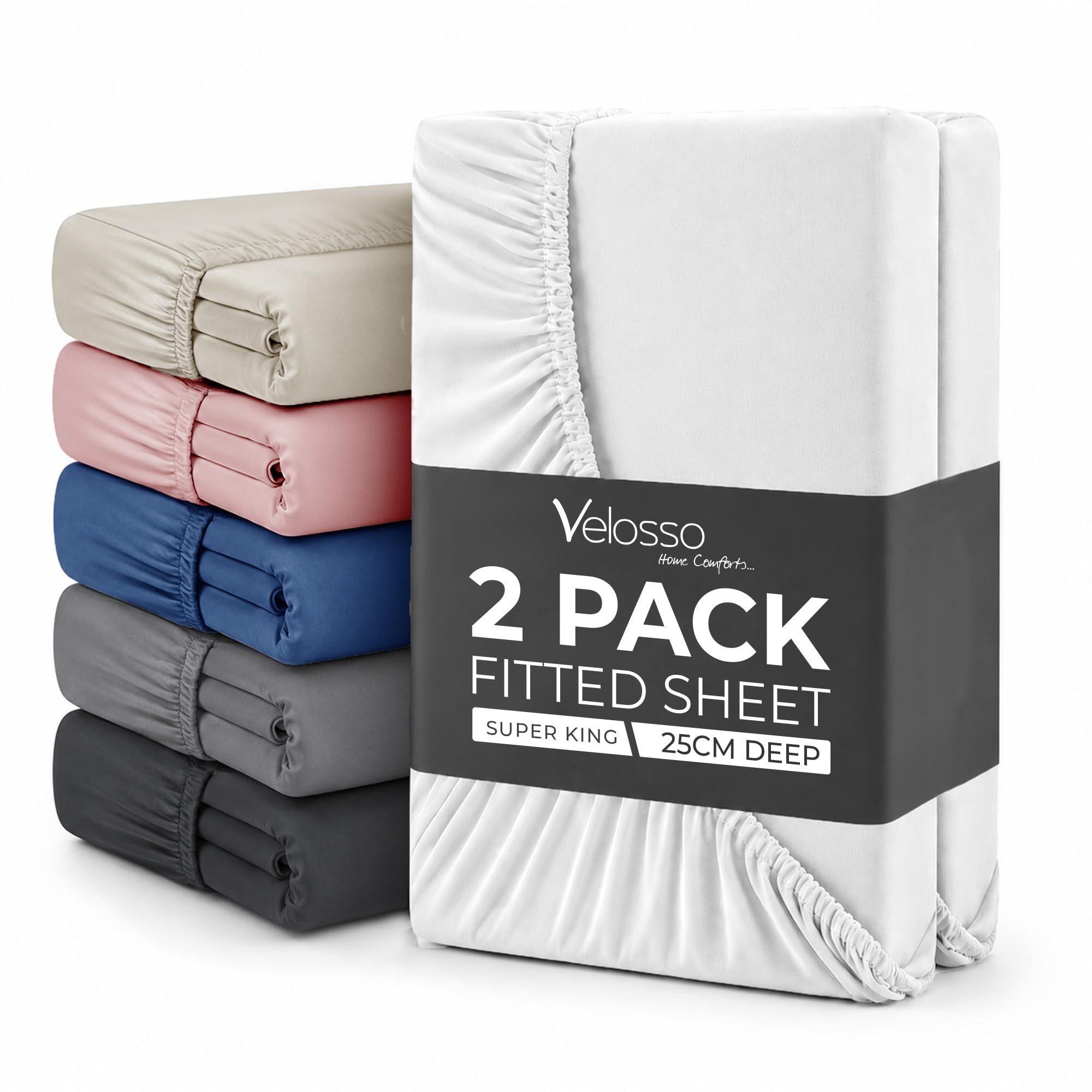Plain Dye Fitted Sheet 25cms Pocket Soft Brushed Microfibre Fabric Mattress Bottom Bed Sheets (White, Super King 2 Pack)