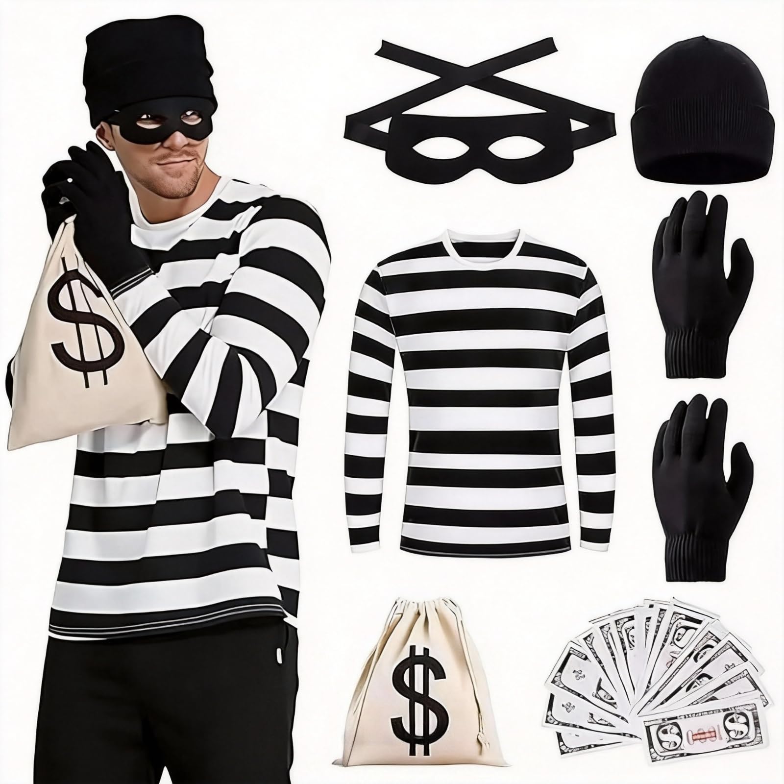 ZhuXIXILiang 6pcs Robber Costume Set for Adult Burglar Costume Set cops and robbers fancy dress with Black & White Striped T-shirt Robber Mask Eye Mask Gloves Canvas Bag Beanie for Halloween Carnival