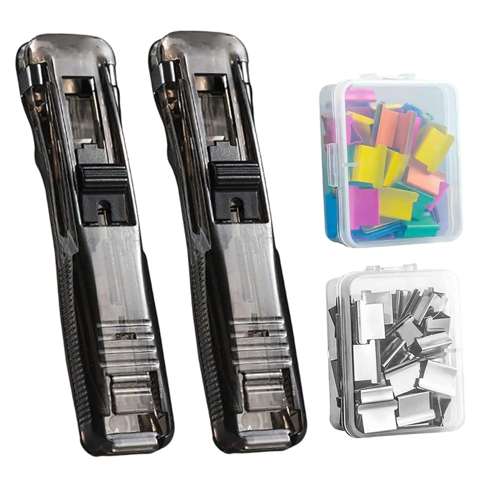 2 Stück Reusable Creative Stapler, Push Clamp Stapler Holder, Binder Clip Tacker mit 100 Edelstahlklammern, tragbarer Clips Spender für Büro, Schule, Zuhause & unterwegs (A)