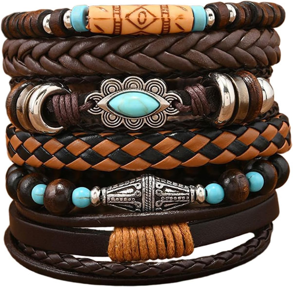 Dreuyet Western Bracelets for Women Men Vintage Bohemian Stackable Turquoise Beaded Leather Bracelet Rustic Cow Head Charm Stretch Bracelet Country Cowboy Cowgirl Jewelry