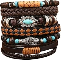 Dreuyet Western Turquoise Beaded Leather Bracelet with Rustic Cow Head Charm - Stackable Stretch for Women Men Cowboy Cowgirl