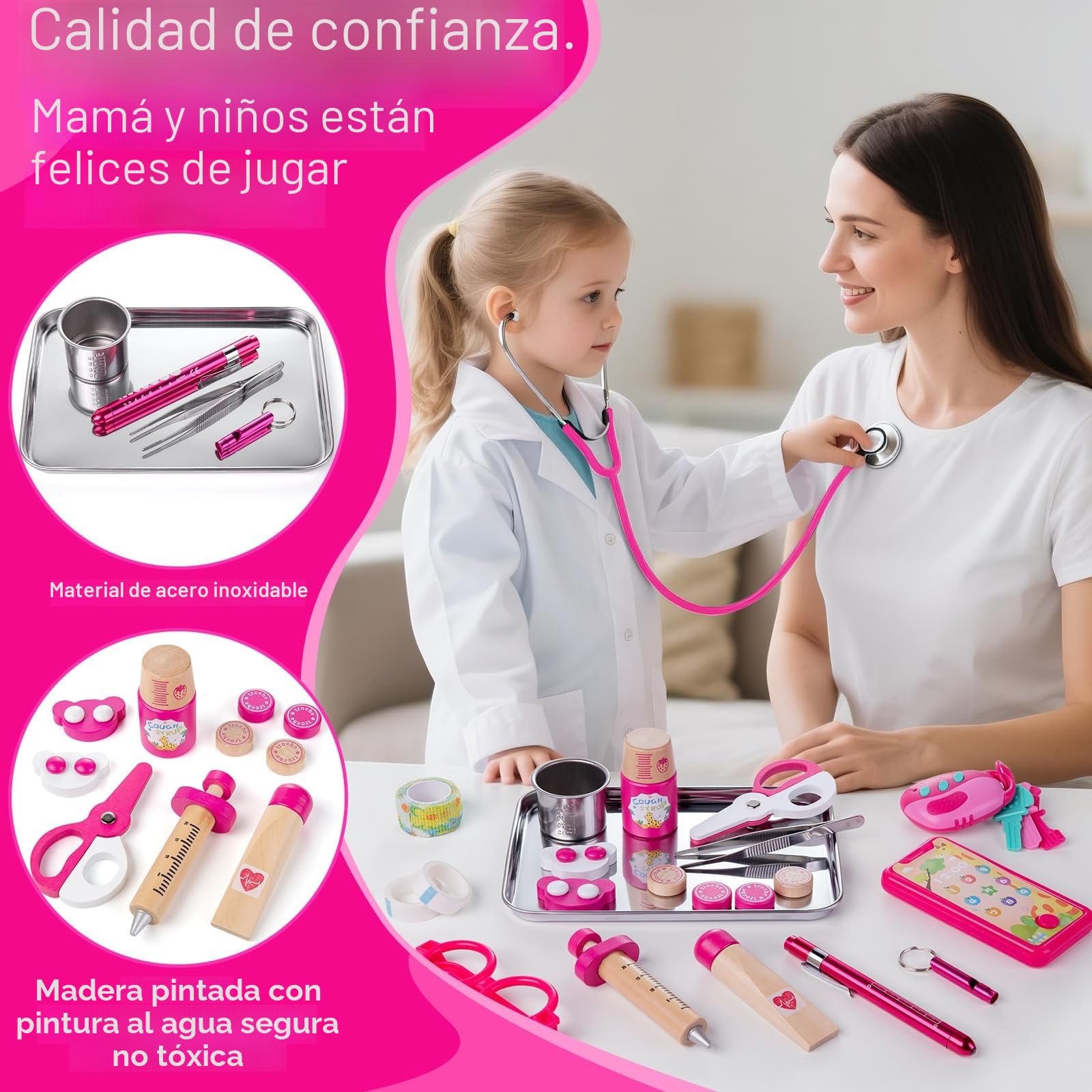 Sundaymot Maletin Medico Juguete, Kit Medico Infantil con Real Estetoscopio, Termómetro, Disfraz Medico Niña y Jeringa, Educativo Jugetes de Madera Adecuado Juego de Roles Juguetes Niñas Niños 3 Años