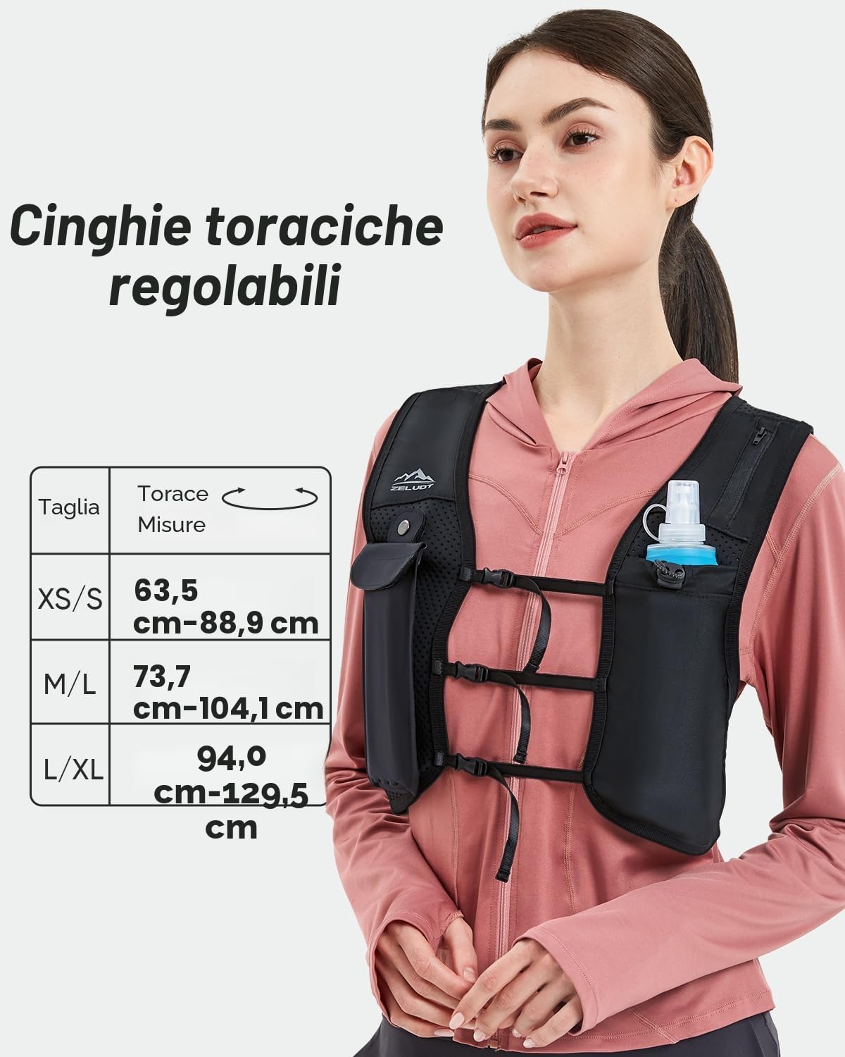 Zelvot Zaino Trail Running per Uomo e Donna, Brevetto Originale Europeo, Cinghie Pettorali Regolabili, Gilet Running con Borraccia Morbida 500ml, Gilet Corsa con Supporto per Telefono