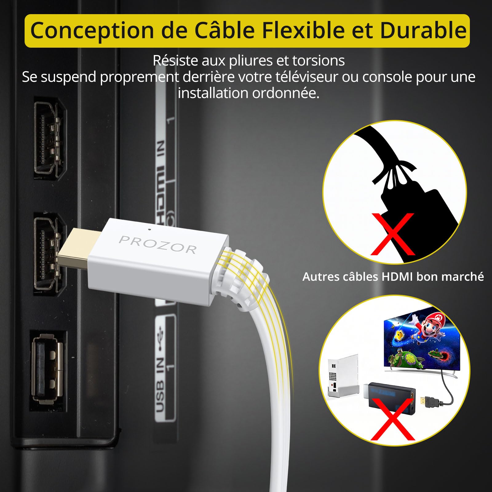 PROZOR Adaptateur Wii vers HDMI 1080P Câble HDMI Intégré 1.2m Conversion Vidéo et Audio pour Console Wii et Wii U Plug-and-Play