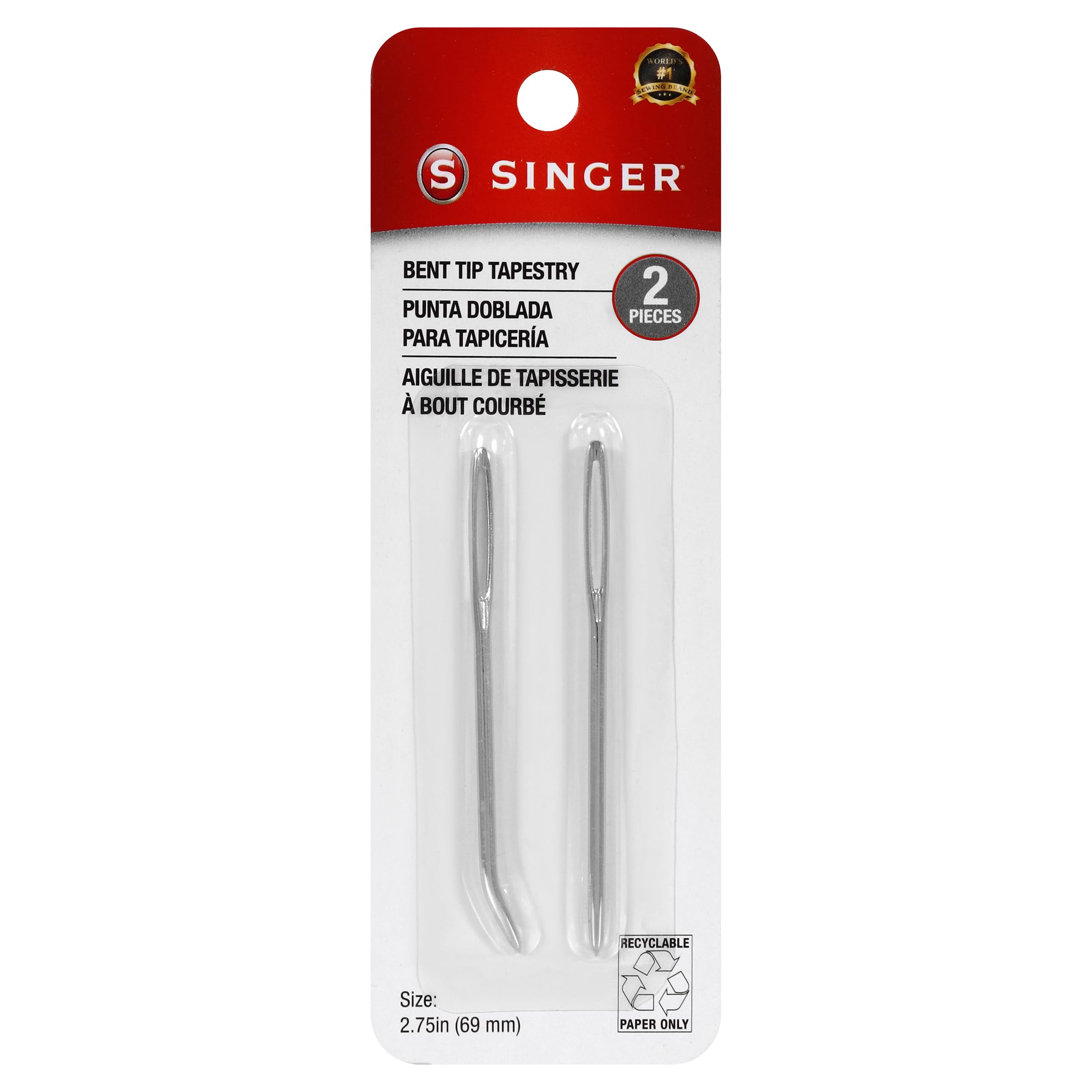 SINGER Bent Tip Tapestry Needles - Size 2.75in (69mm), Ideal for Crochet, Knitting & Tapestry, Smooth Blunt Point, Large Eye, Durable Nickel-Plated Steel, 2pc