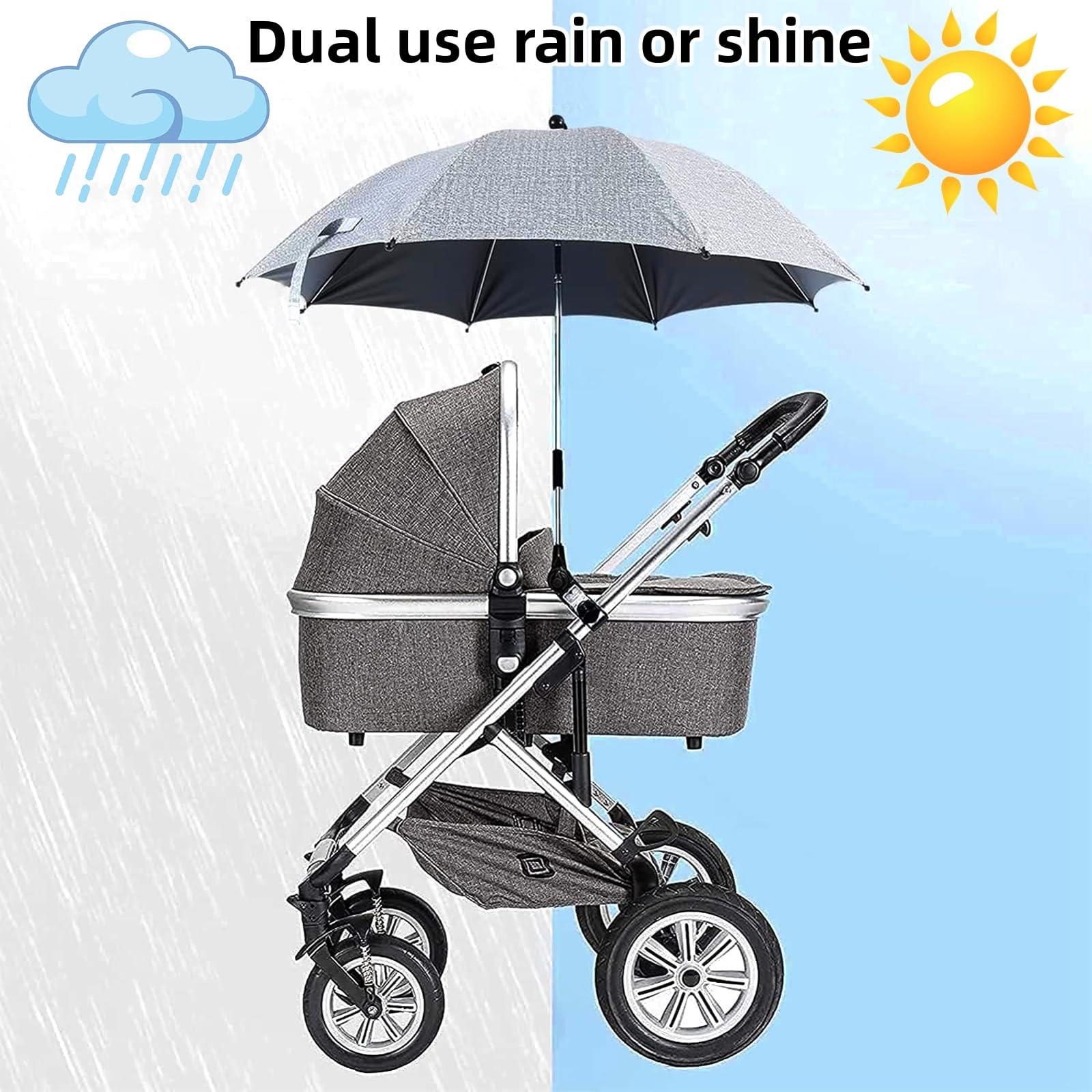 Ombrellino Parasole Passeggino, Ombrellino Passeggino Universale Anti UV 50+, Ombrello Parasole Passeggino con Un Manico, Ombrellone per Passeggino per Carrozzina e Passeggino, Grigio