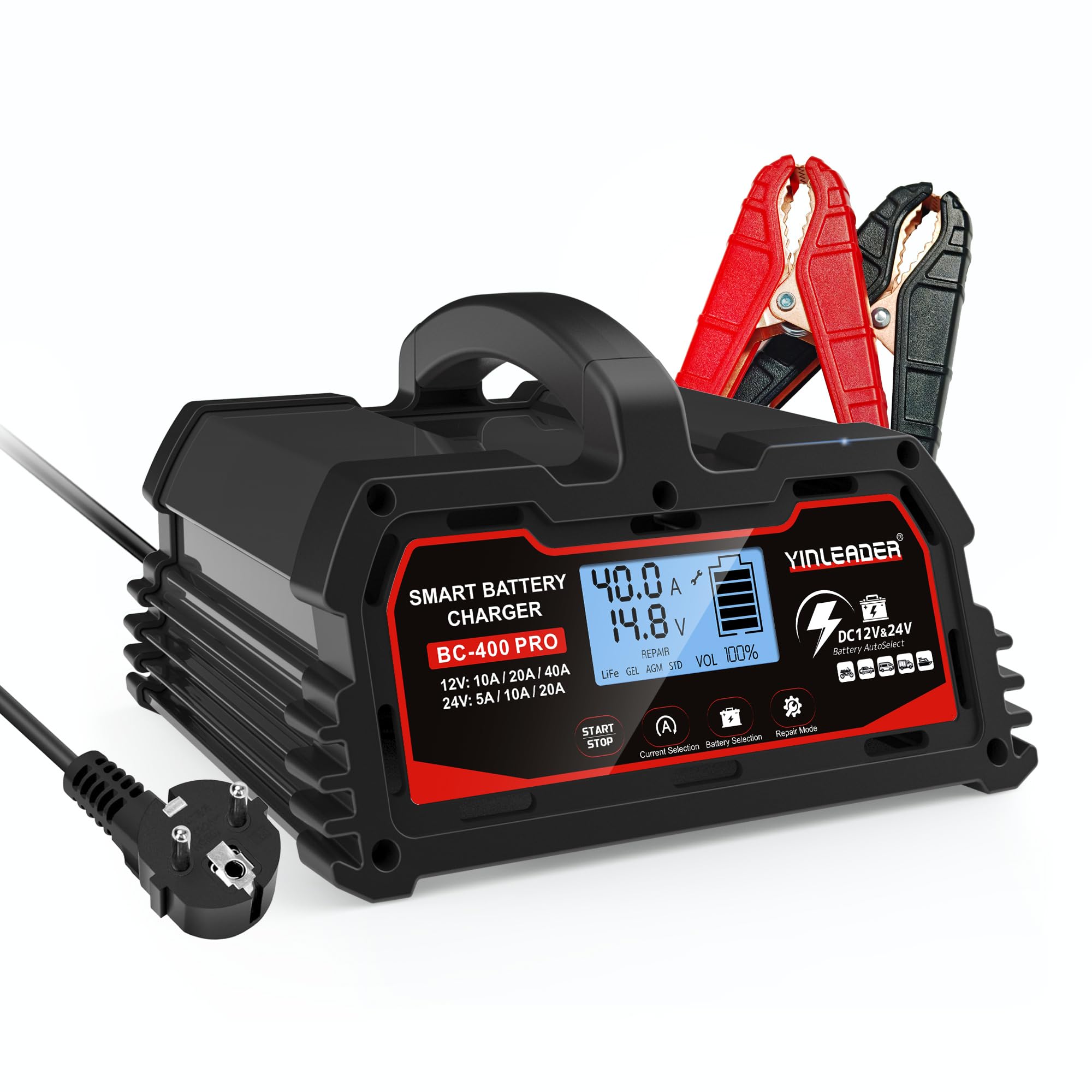 Cargador de batería de coche 40A/20A 12V/24V 20A/10A, cargador de batería para coche, totalmente automático, cargador inteligente con pantalla LCD, cargadores para batería LiFePO4 de 12 V, color negro