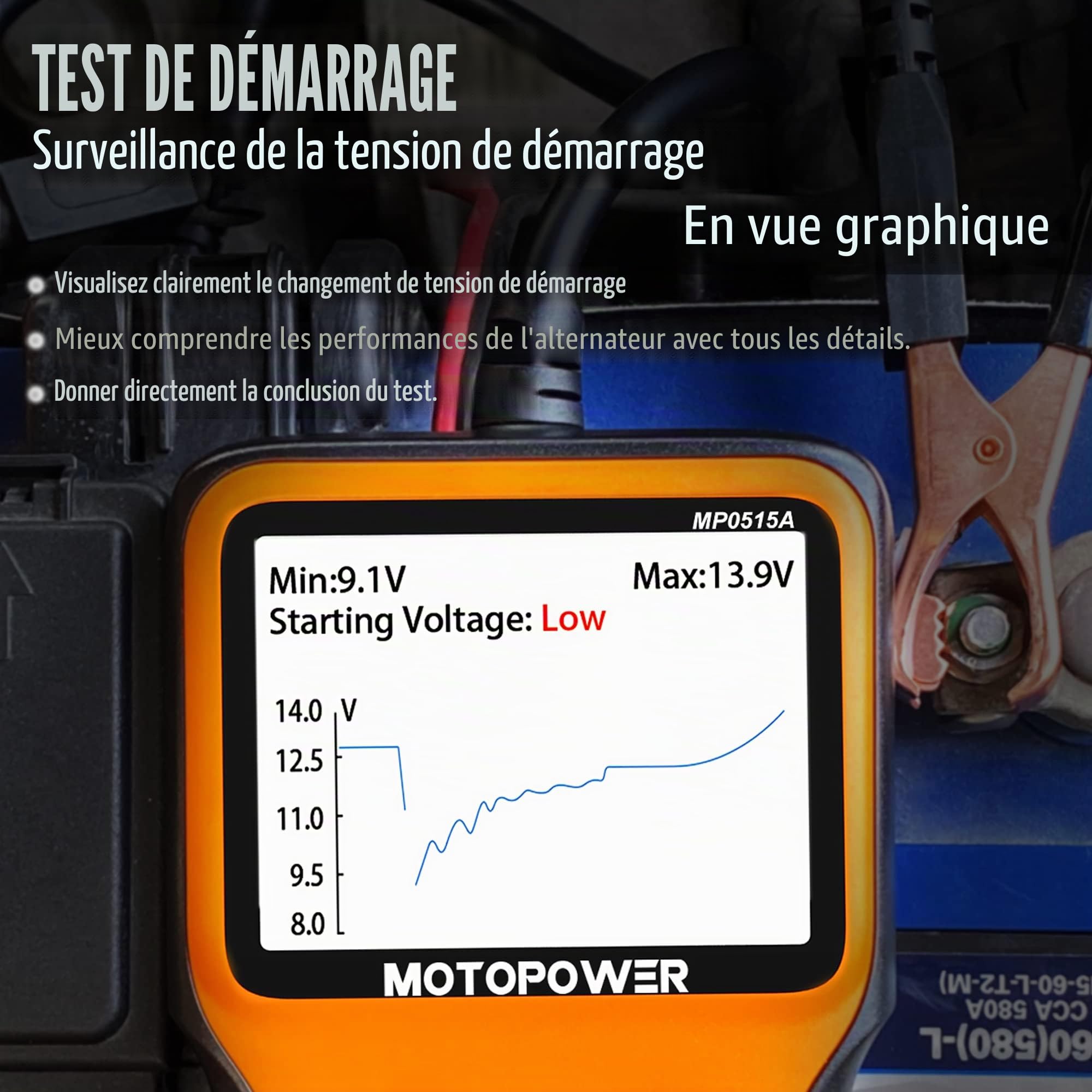 MOTOPOWER MP0515A Testeur de charge de batterie de voiture de 12V 100-2000 CCA, Test du système de charge, Analyseur alternateur
