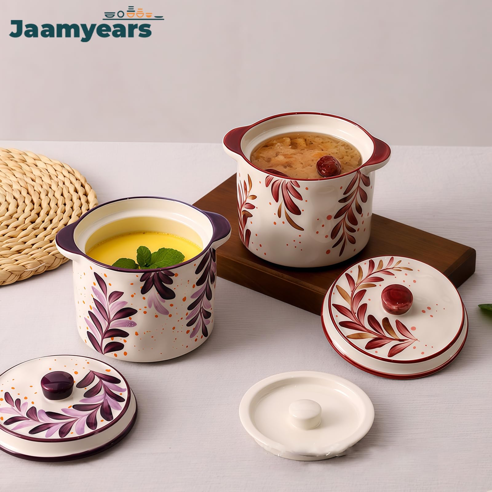 Miski do zupy 500 ml, ceramiczne kubki do zupy z uchwytami i pokrywką, jednolity kolor, naczynia nadają się do serwowania w piekarniku, idealne do zupy cebulowej i bulionu, nadają się do kuchenki