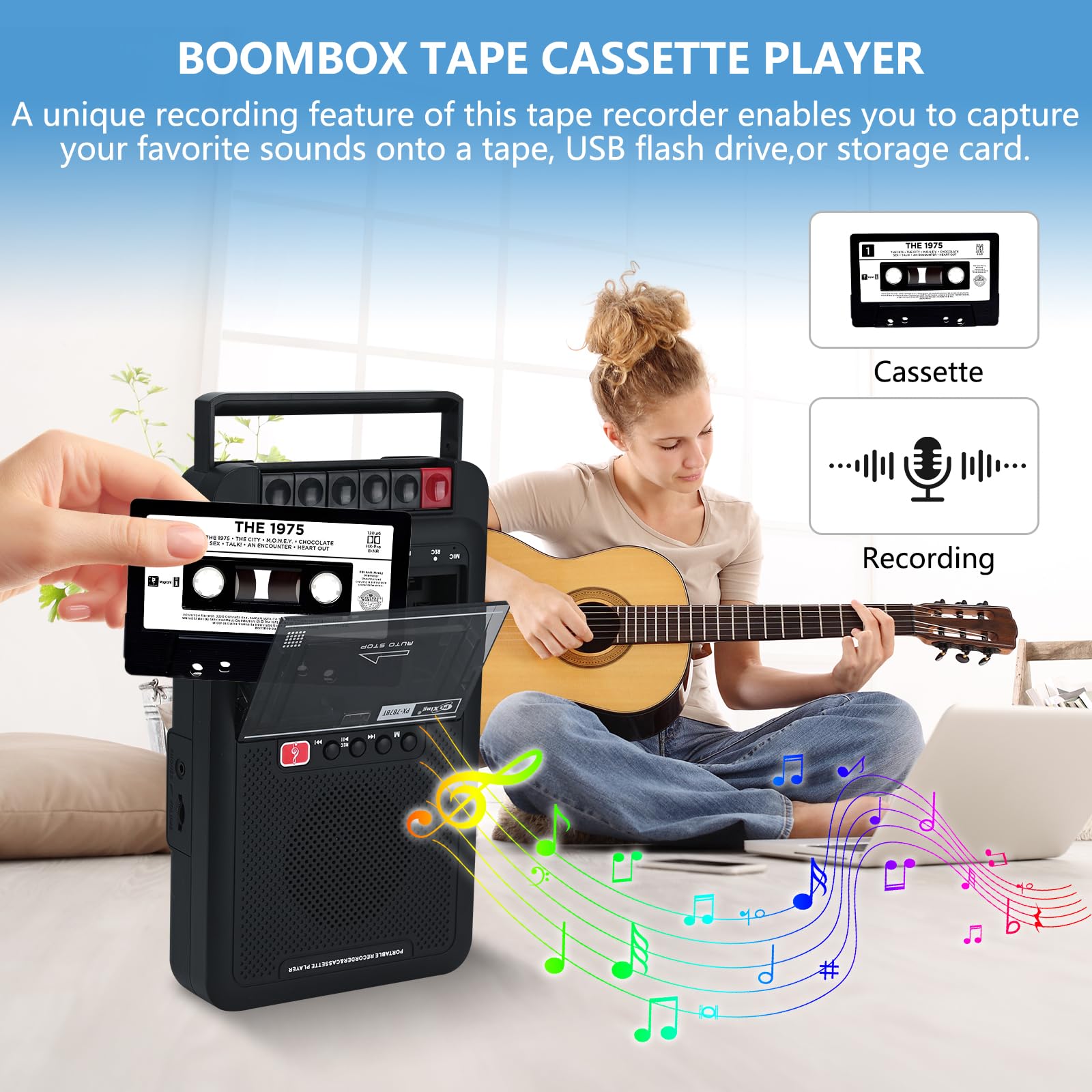 Boombox - Reproductor de casete portátil, retro, graba a casetes/USB/tarjeta TF a través de micrófono, reproductor de cinta de casete con conector para auriculares, calidad de sonido HiFi, portátil de