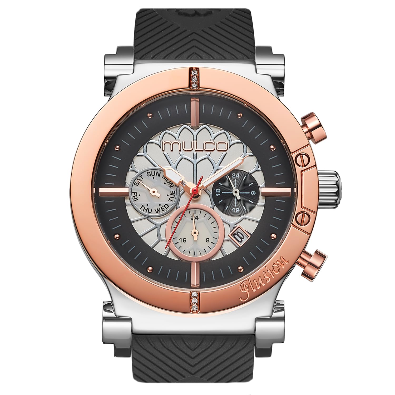 MULCO Dream Catcher - Reloj de mujer - Caja de acero inoxidable de 46 mm, movimiento analógico de cuarzo Miyota JP25, resistente al agua hasta 10 ATM, correa de silicona, multifunción, batería SR621SW
